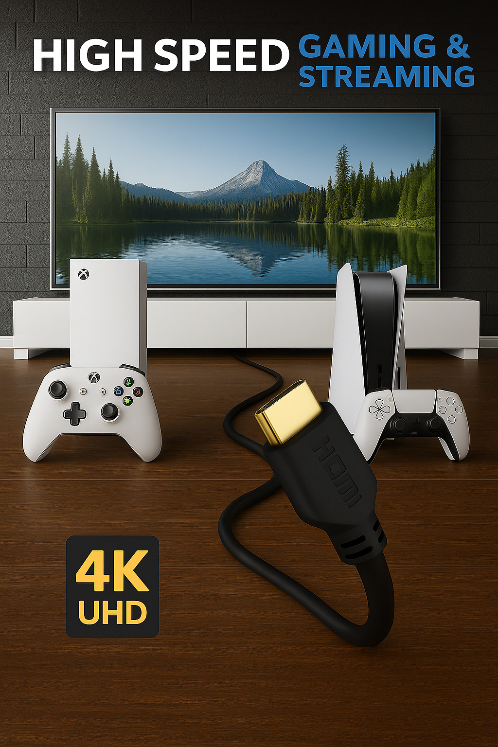 Das Bild zeigt ein Gaming-Setup mit Xbox und PS5, einem Kabel und einem Fernseher mit einer Seeszene. Text lautet: 'High Speed Gaming & Streaming'.