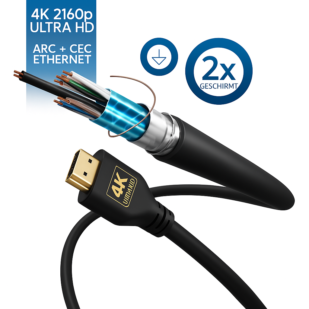 Ein schwarzes HDMI-Kabel mit einem goldfarbenen Stecker. Das Kabel ist aufgeschnitten, um die inneren Drähte zu zeigen. Texte sagen: 4K, Ultra HD, ARC + CEC Ethernet.