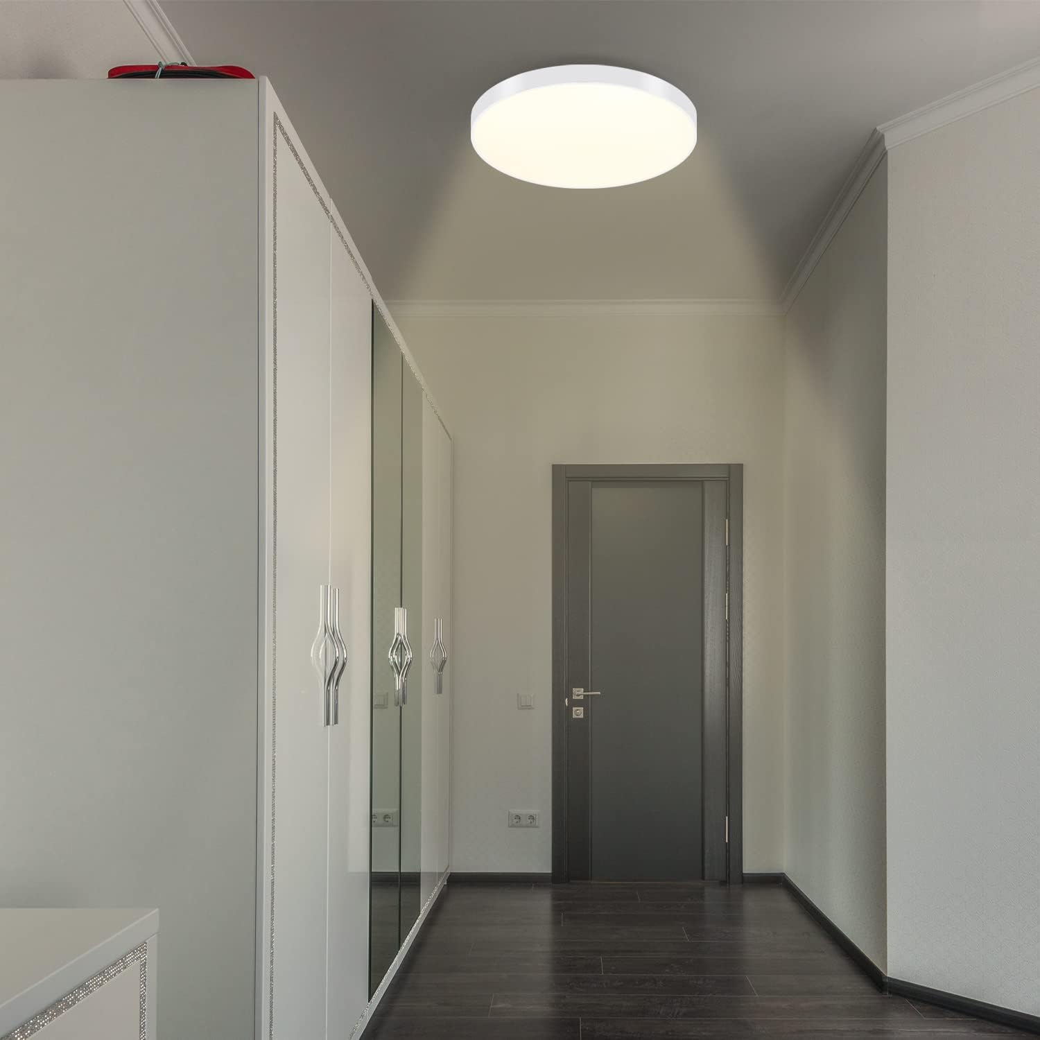Ein Flur mit Deckenleuchte, weißen Schränken mit Spiegeltüren und dunklem Holzboden. Am Ende befindet sich eine graue Tür.