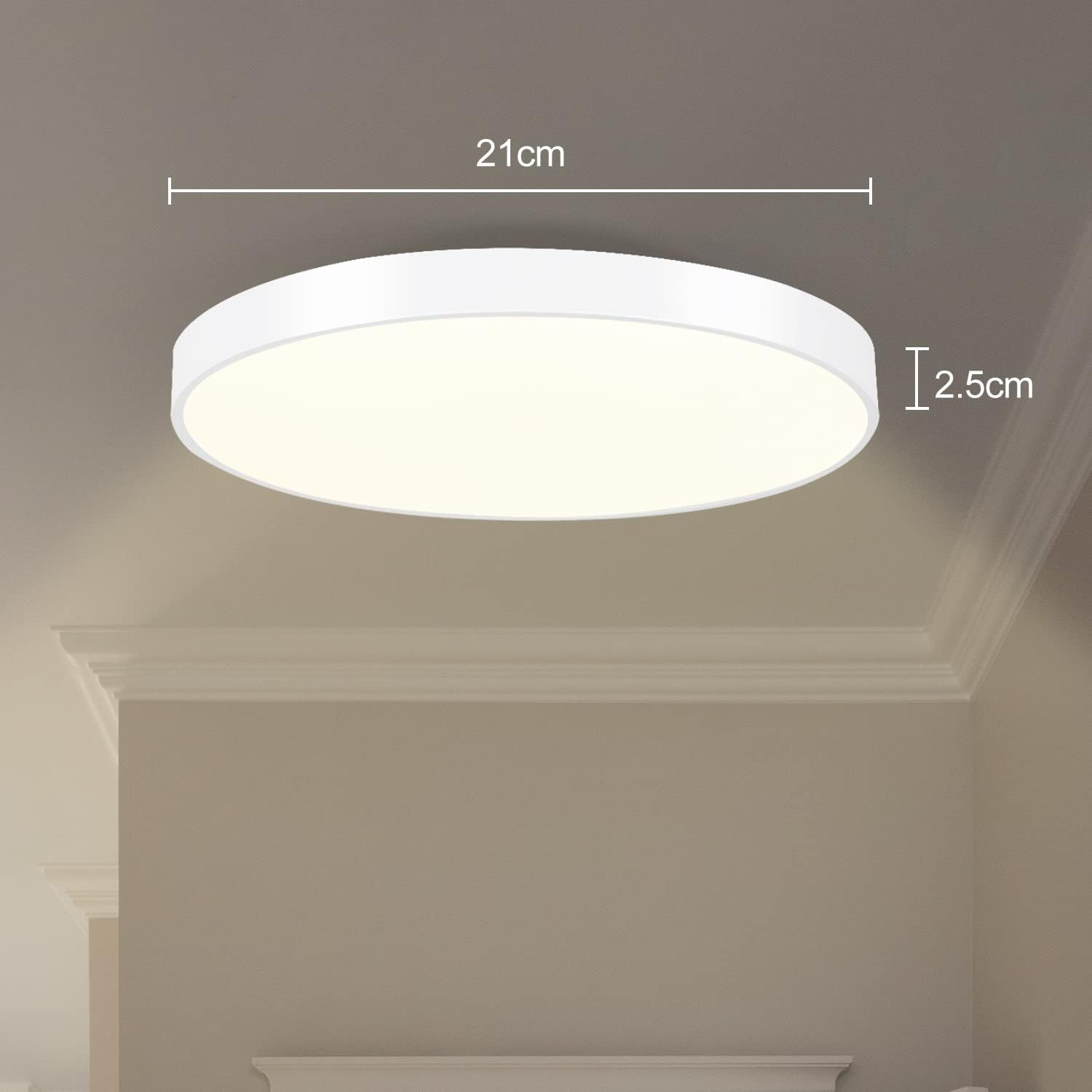 Eine weiße, runde Deckenleuchte ist installiert. Das Licht hat einen Durchmesser von 21 cm und eine Höhe von 2,5 cm. Die Decke ist weiß.