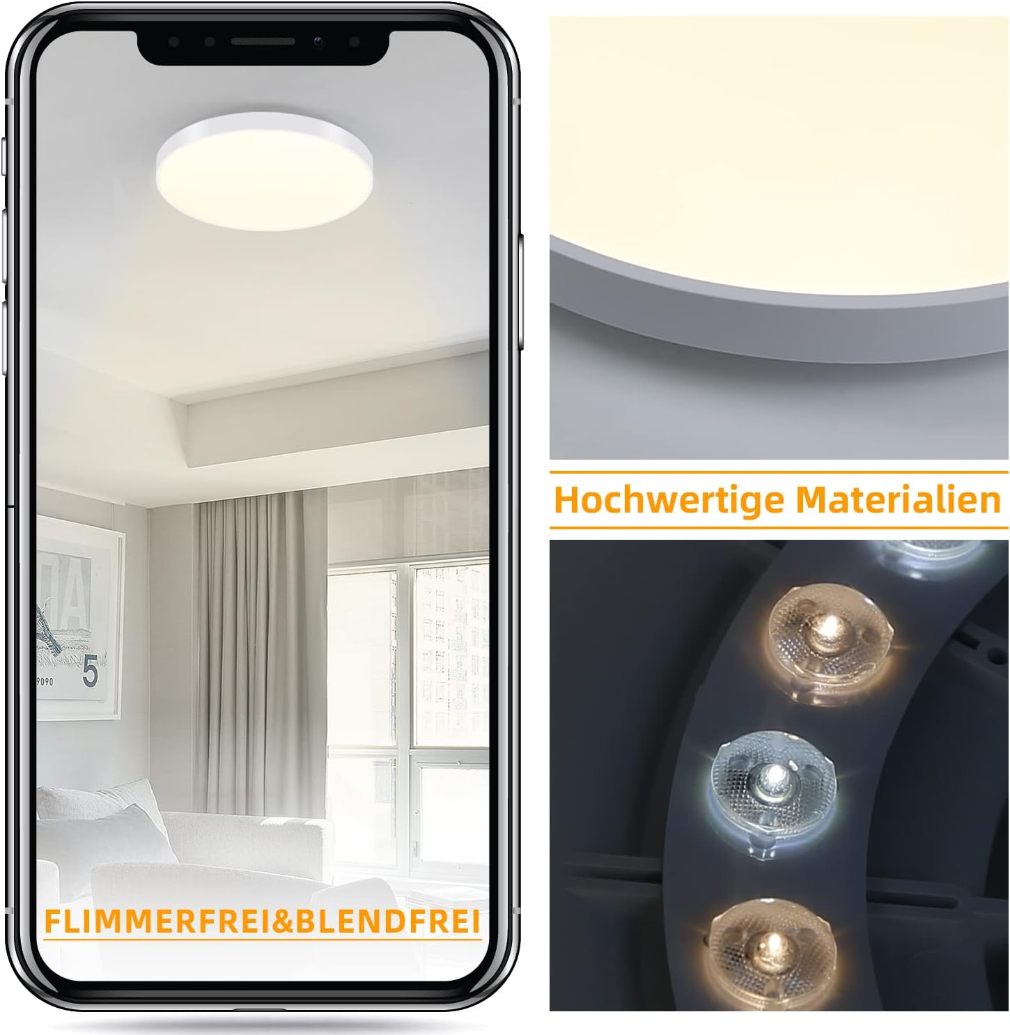 Eine Deckenleuchte wird mit hellem Licht gezeigt. Außerdem ist ein Raum mit Couch und Vorhängen zu sehen. Detailaufnahmen des Lichts.