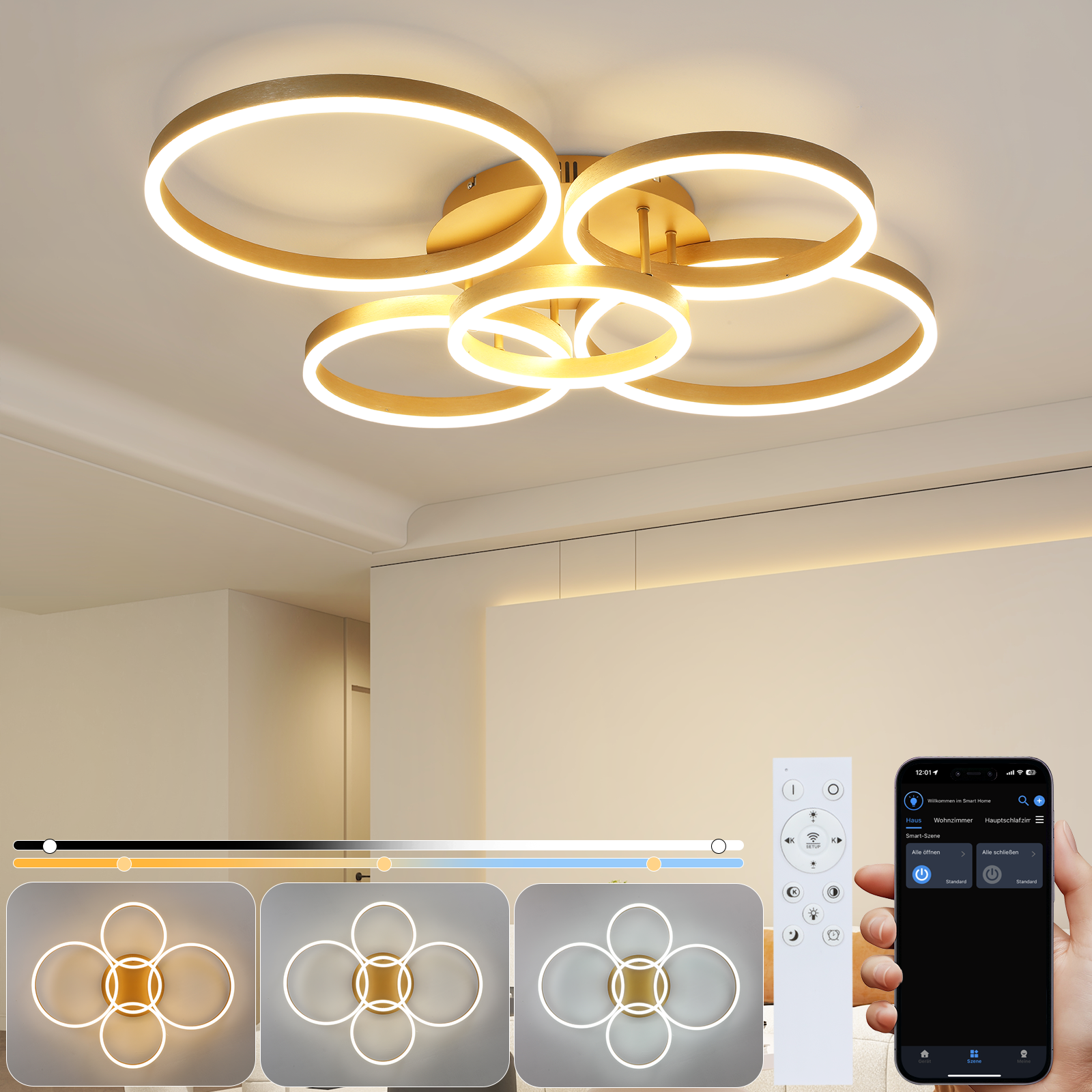 Eine moderne Deckenleuchte mit goldenen Ringen. Eine Hand hält eine Fernbedienung und ein Telefon. Lichteinstellungen sind unten gezeigt.