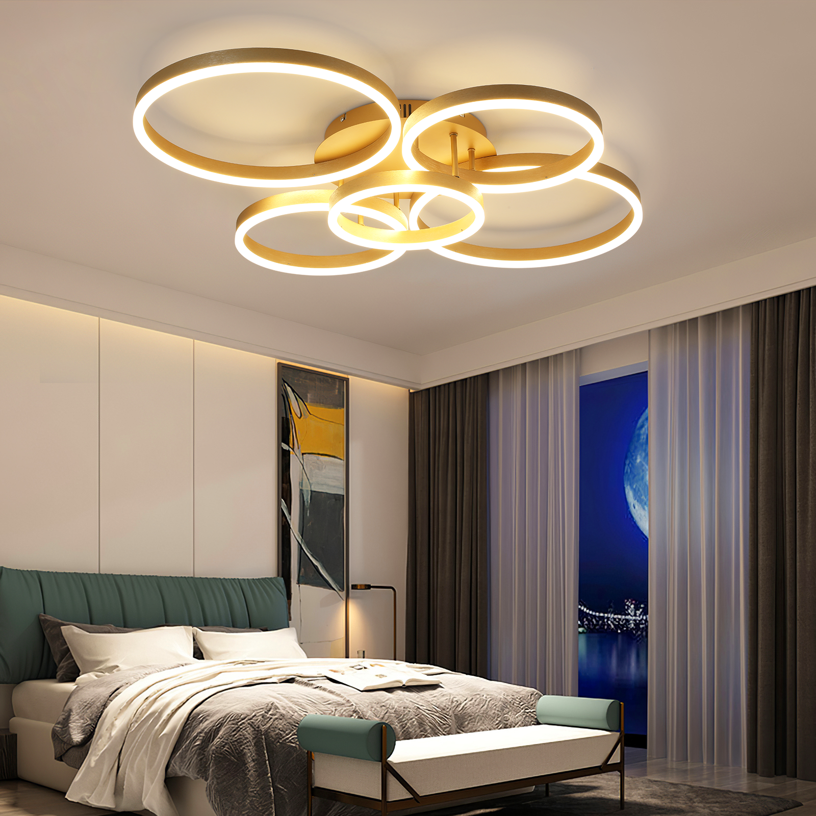 Schlafzimmer mit großem Bett, moderner Deckenleuchte und Blick auf eine Nachtszene mit großem Mond.