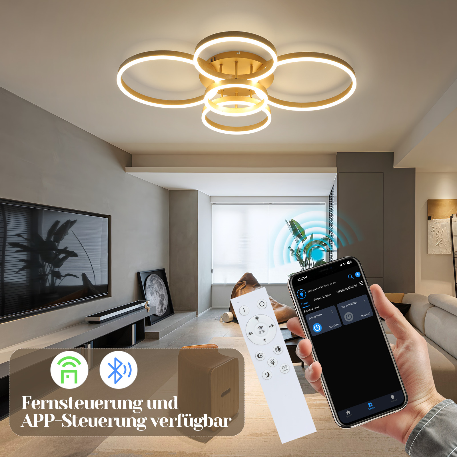 Modernes Wohnzimmer mit Deckenleuchte, Telefon und Fernbedienung. Text: 'Fernbedienung und APP-Steuerung verfügbar'.