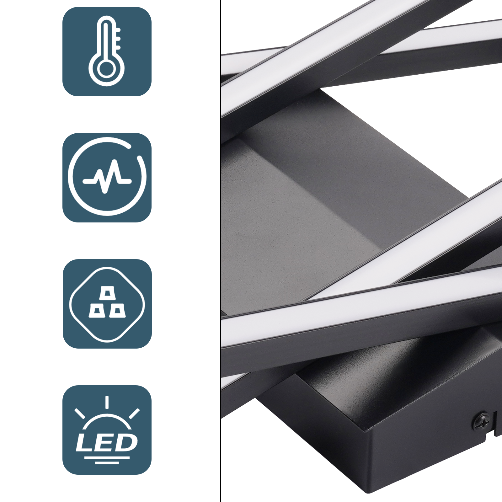 Moderne schwarze LED-Leuchte mit weißen Lichtstreifen. Blaue Symbole links: Thermometer, Wellen, Stecker und LED-Symbol.