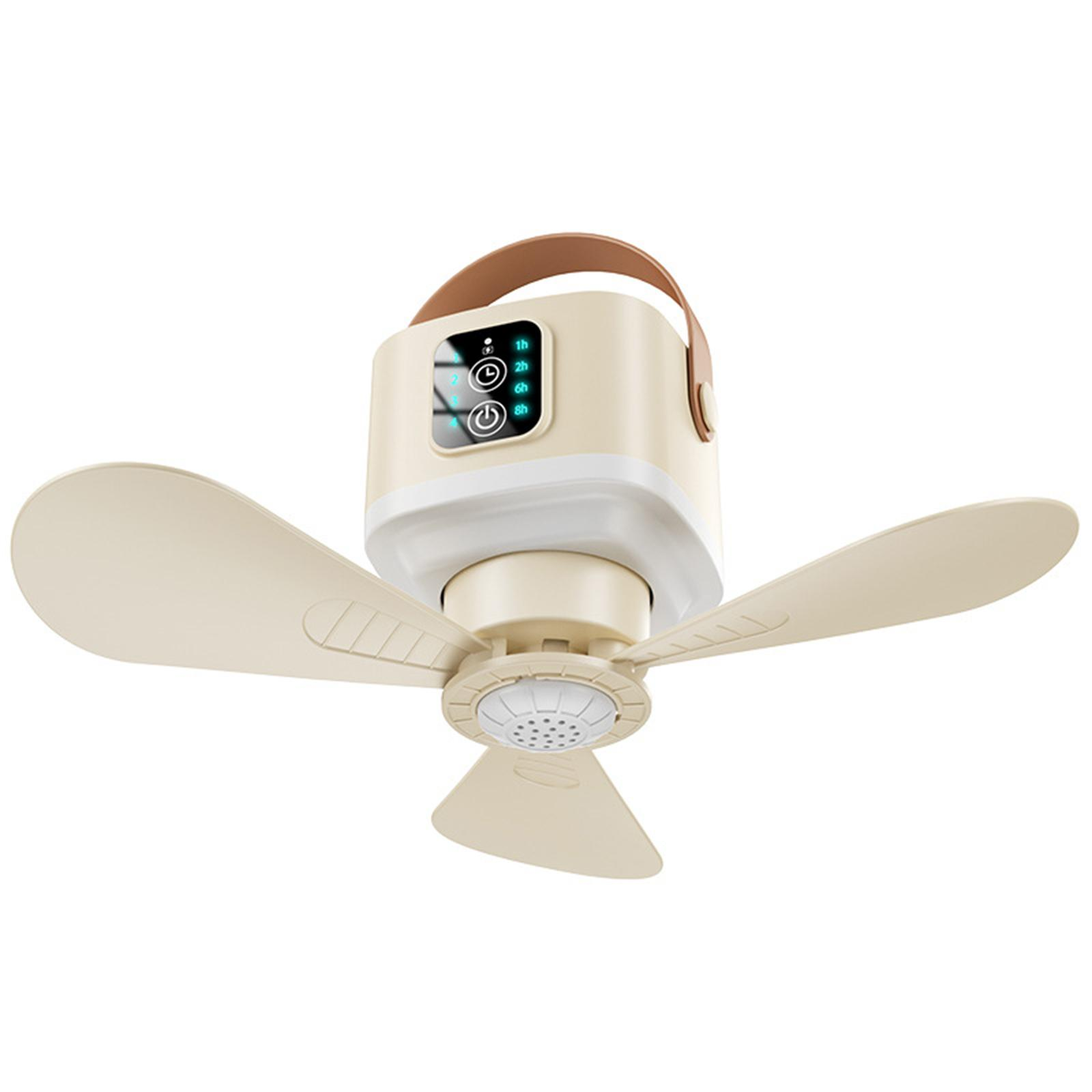 Cremefarbener tragbarer Deckenventilator. Er hat drei Flügel, einen Griff und ein digitales Display.