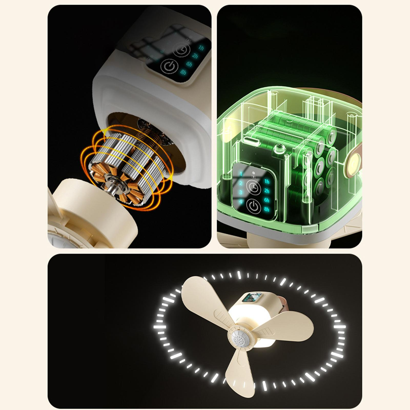 Nahaufnahme eines Ventilators mit verschiedenen Ansichten: Motor, Batteriefach und der Ventilator selbst mit leuchtenden Lichtern.