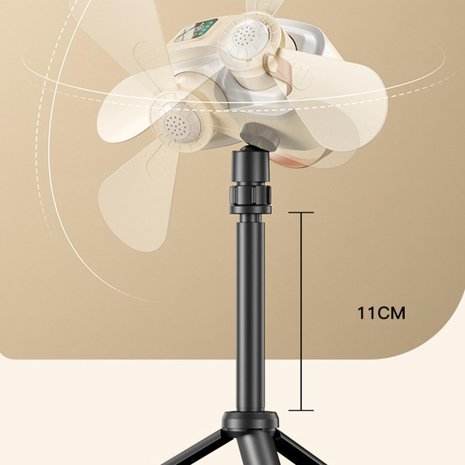 Ein weißer Ventilator mit drei Flügeln auf einem schwarzen Ständer. Der Ventilator hat ein beige-weißes Farbschema. Der Hintergrund ist beige.