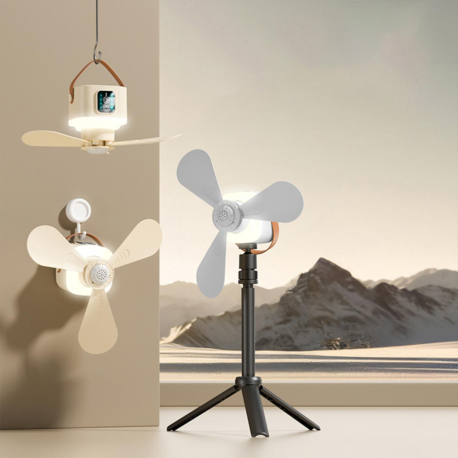 Drei kleine Ventilatoren. Einer hängt, einer ist an der Wand montiert, einer steht auf einem Stativ. Hintergrund zeigt Landschaft.