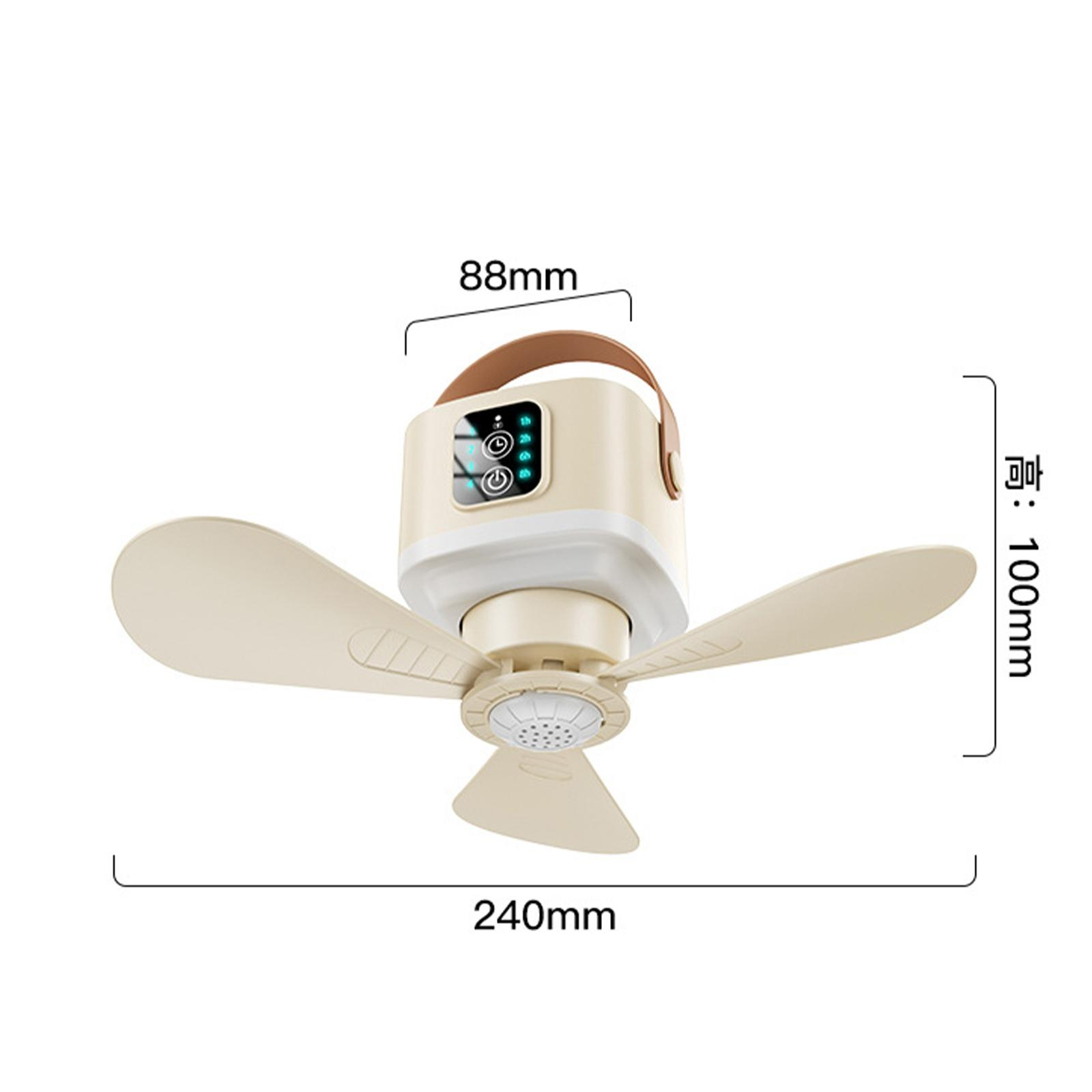 Cremefarbener Deckenventilator. Er hat drei Flügel, ein Bedienfeld und einen Griff. Abmessungen: 240 mm x 100 mm x 88 mm.