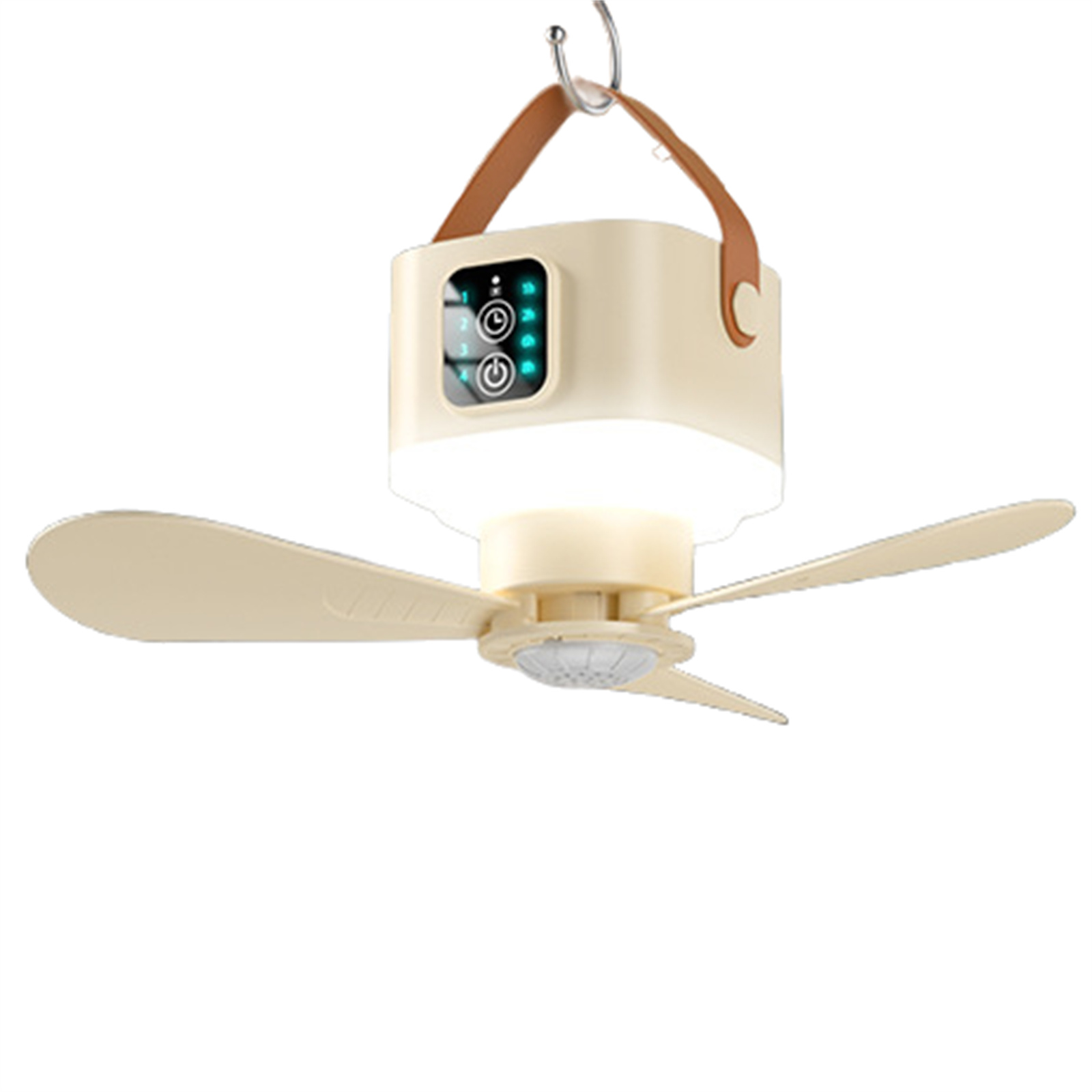 Ein cremefarbener Deckenventilator mit drei Flügeln, einem Licht und einem Bedienfeld. Er hängt an einem Metallhaken an einem braunen Lederriemen.