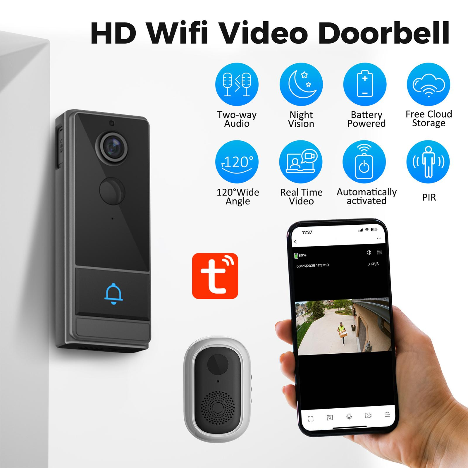 Eine schwarze Video-Türklingel mit Kamera, ein Smartphone mit Live-Video und Funktionssymbolen.