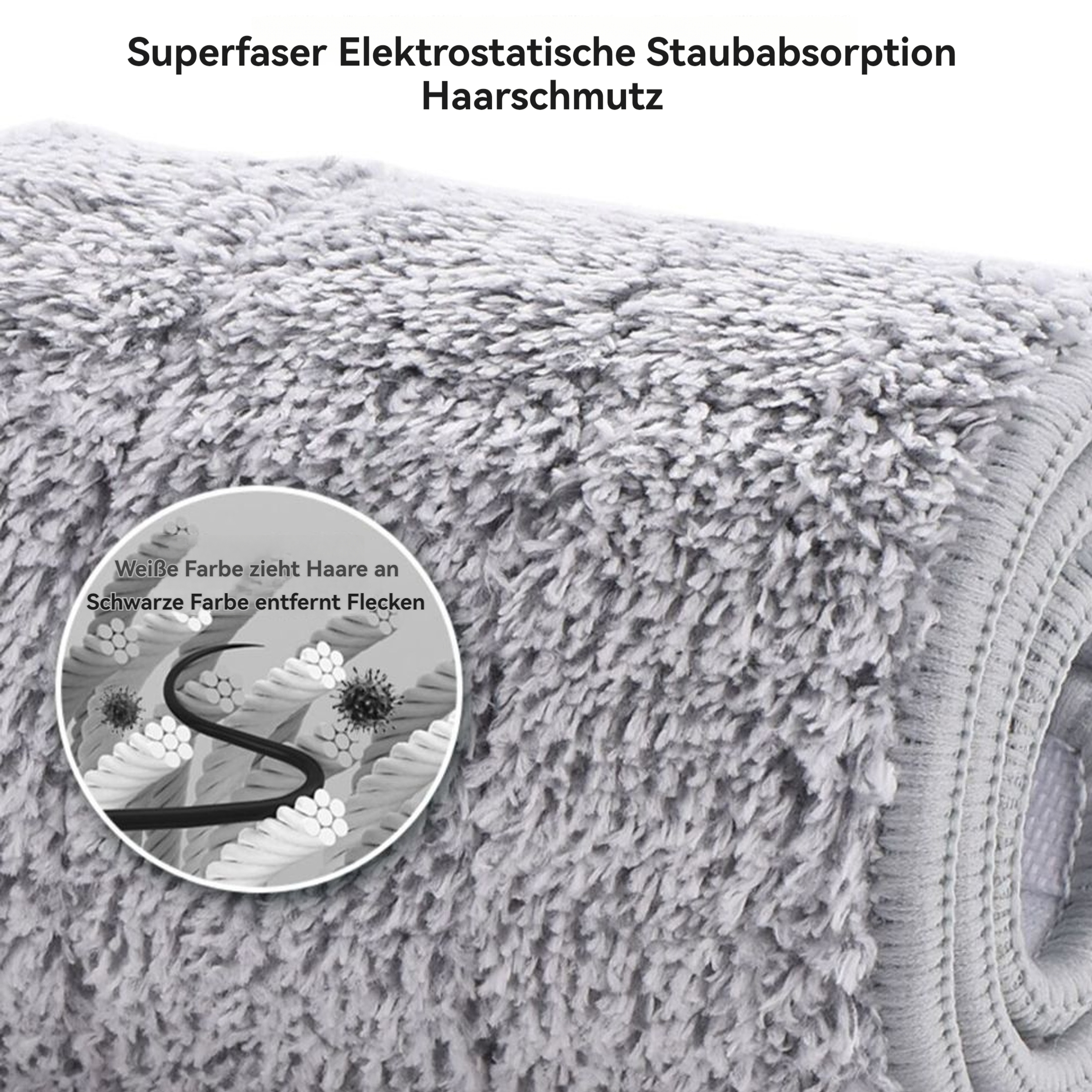 Nahaufnahme eines grauen Mikrofasertuchs mit Diagramm, das zeigt, wie es Haare anzieht und Flecken entfernt.
