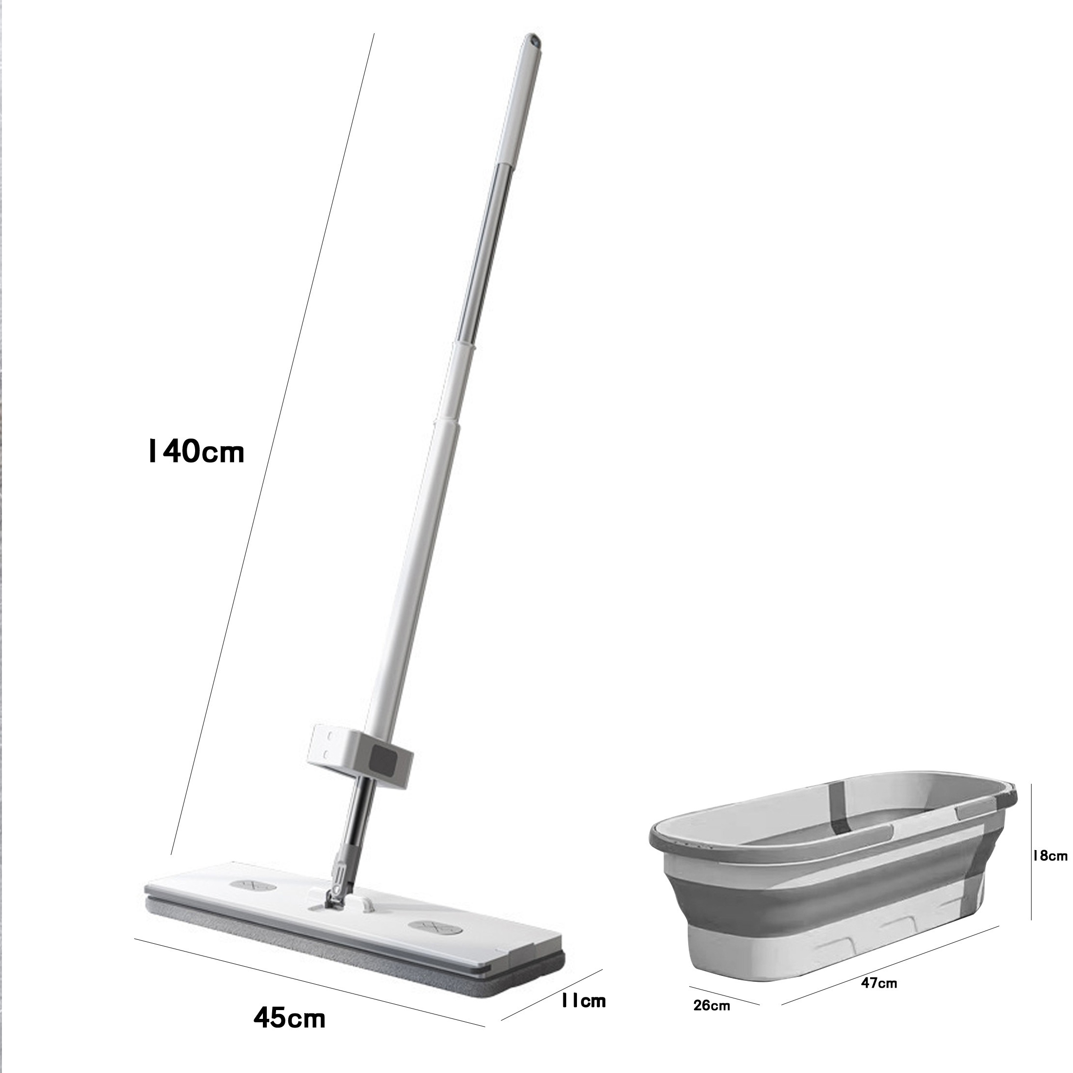 Ein weißer und grauer Putzmopp mit einem Eimer. Der Mopp ist 140 cm lang und der Eimer 47 cm.