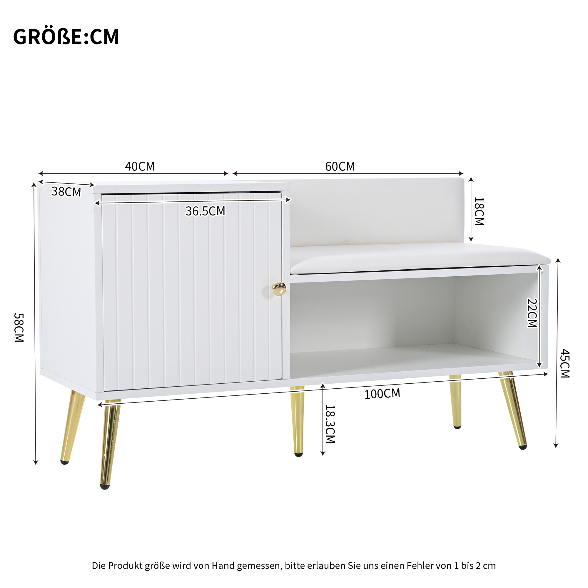 Weißer Schrank mit goldenen Beinen. Er hat links eine Tür, einen Sitz und ein offenes Regal.