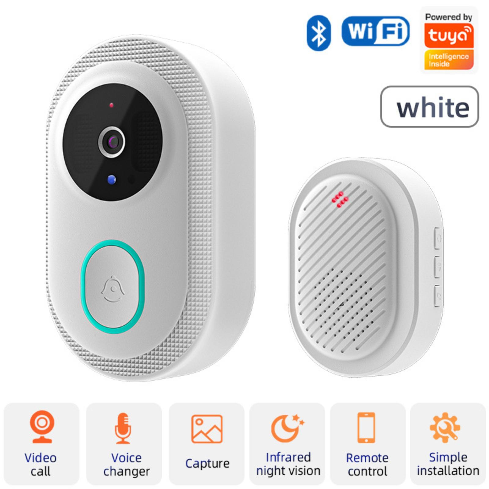 Weiße Video-Türklingel mit Kamera, Lautsprecher und WLAN-Logo. Enthält Symbole für Videoanruf, Aufnahme, Infrarot-Nachtsicht und Fernbedienung.