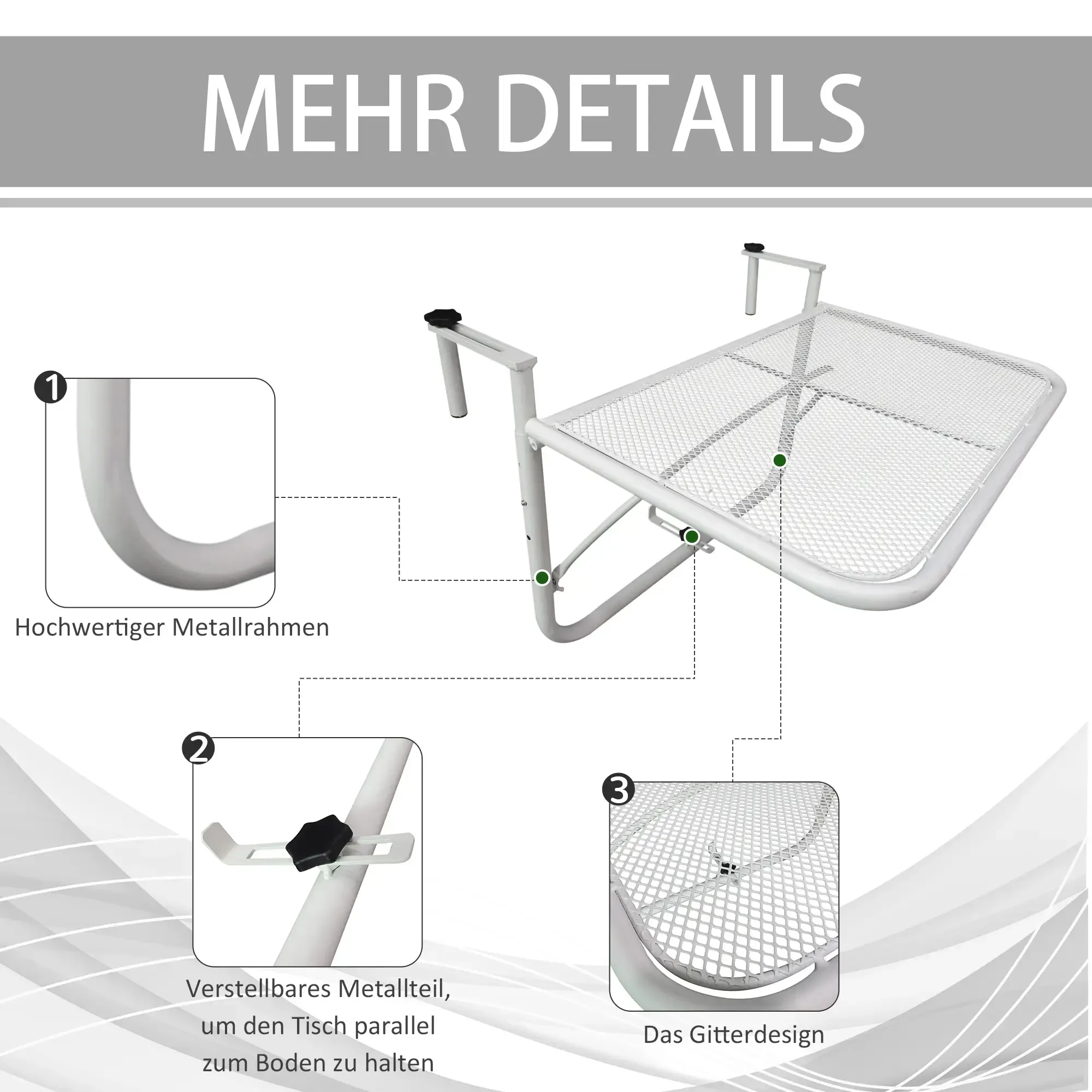 Diagramm eines weißen Metalltisches mit drei hervorgehobenen Teilen: Rahmen, verstellbarer Teil und Gitterdesign.