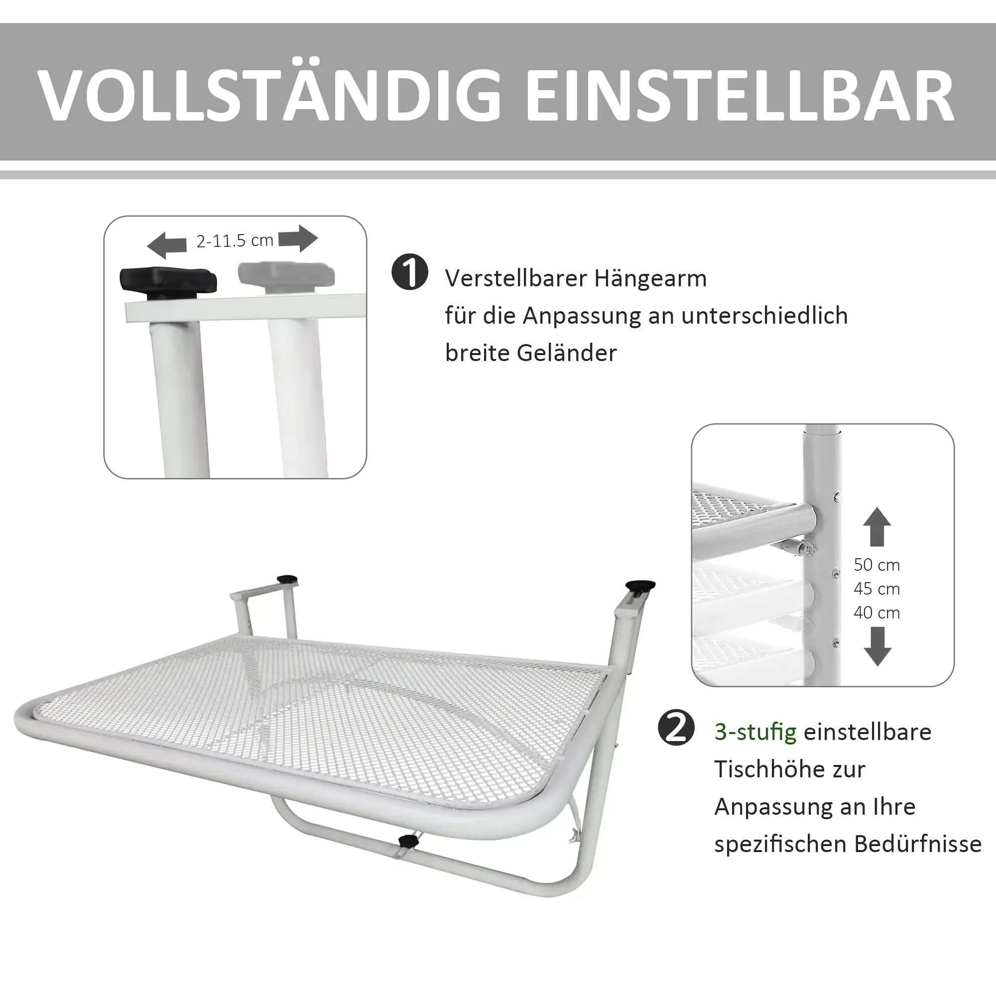 Diagramm eines weißen, verstellbaren Tisches. Details umfassen verstellbaren Arm, 3-stufige Höhe und Maße.