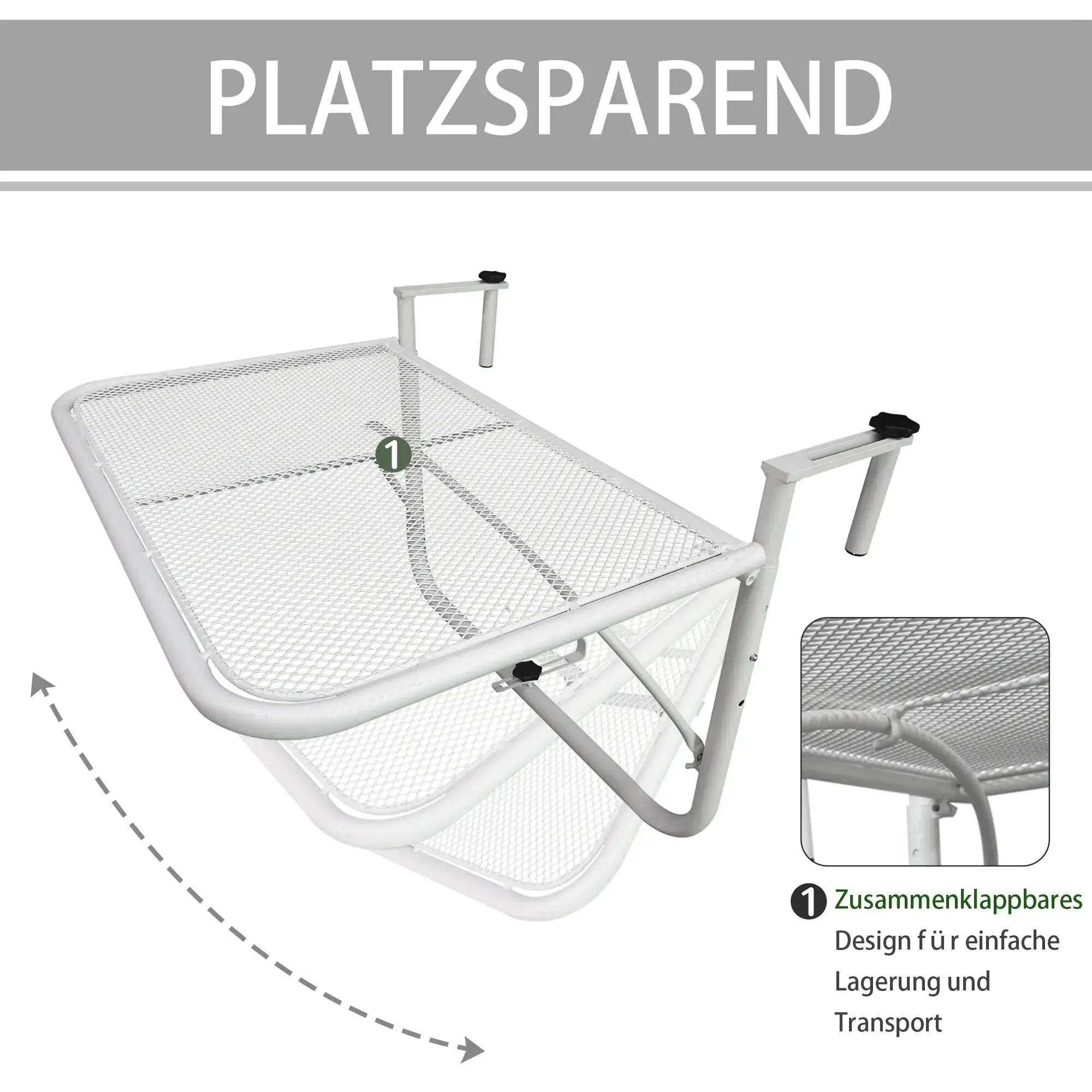 Weißer, zusammenklappbarer Balkontisch. Er hat eine Netzoberfläche und ist für einfache Lagerung und Transport konzipiert.