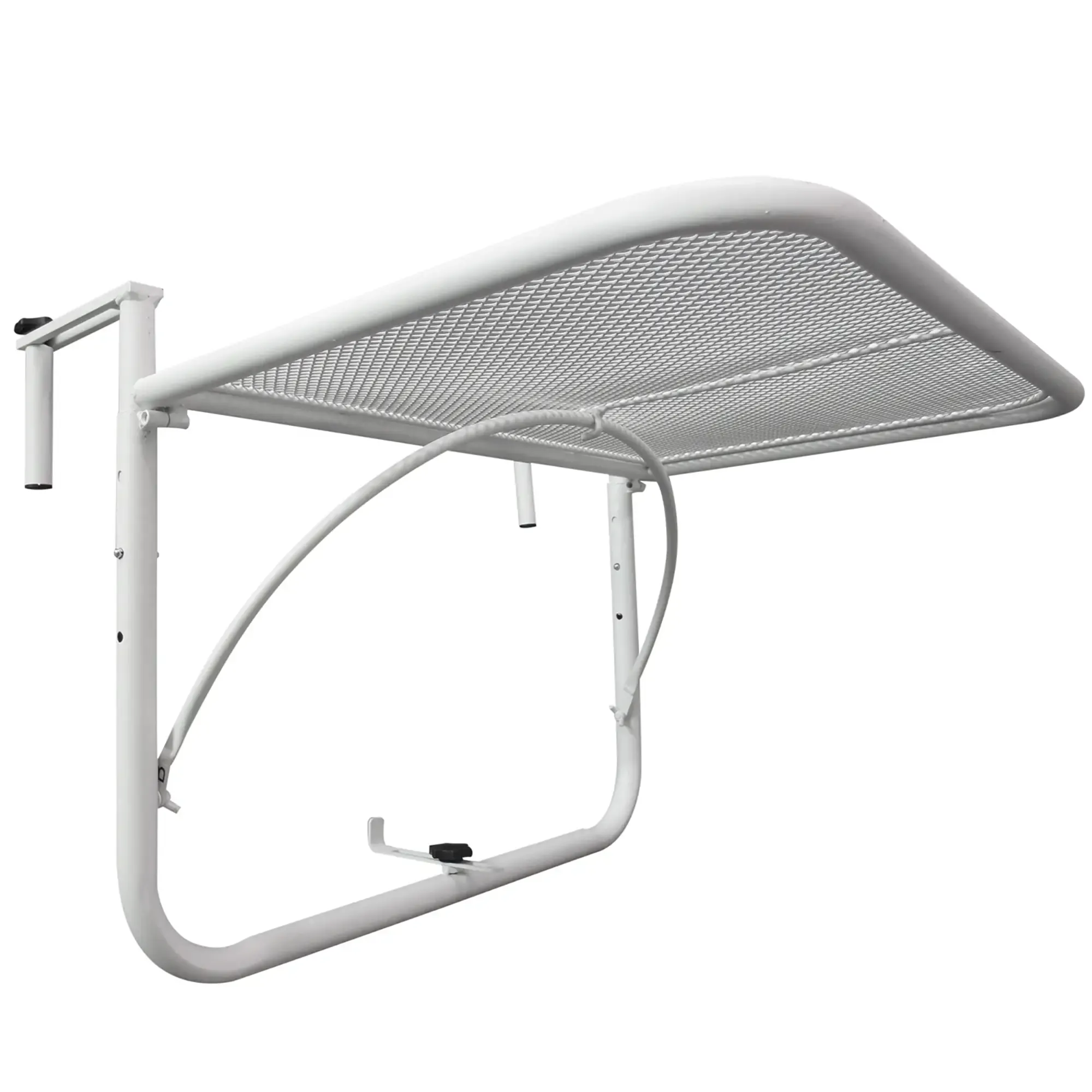 Ein weißer Metall-Überbett-Tisch. Er hat eine rechteckige Maschenoberfläche, gebogene Stützen und höhenverstellbare Funktionen.
