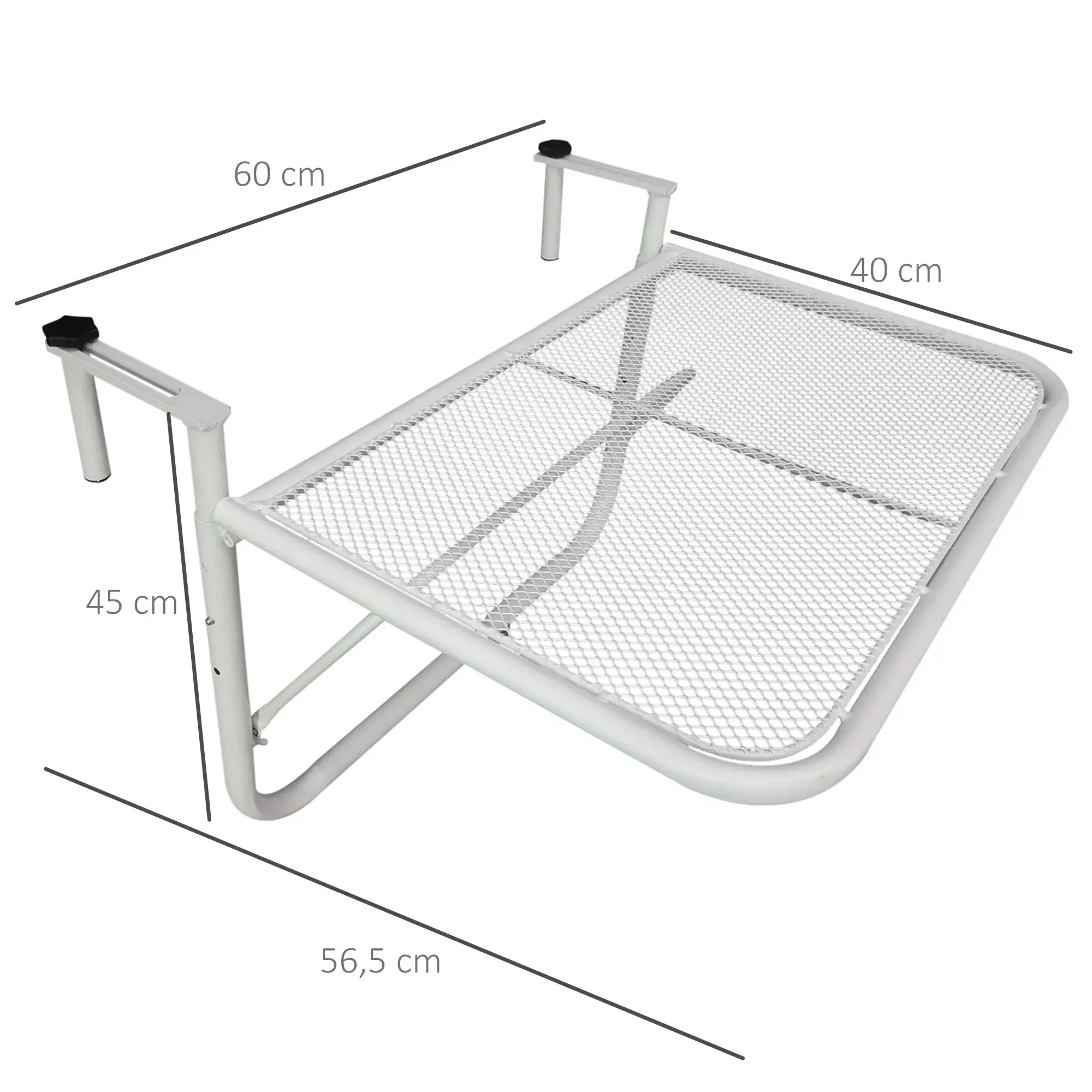 Ein weißer Metall-Balkontisch mit einem Netzbelag, gestützt von gebogenen und geraden Metallstangen. Abmessungen sind angegeben.