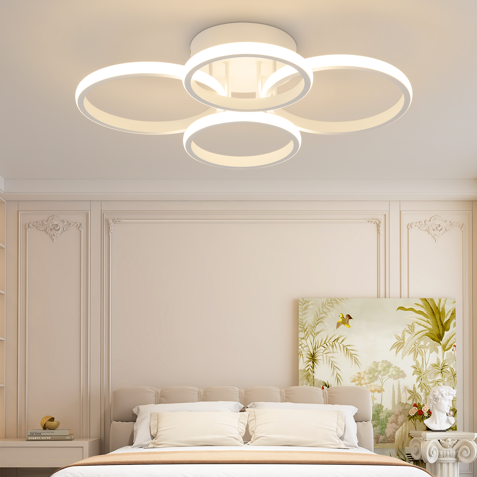 Un dormitorio con luz de techo, cama, pintura y busto. La habitación está decorada en tonos neutros.