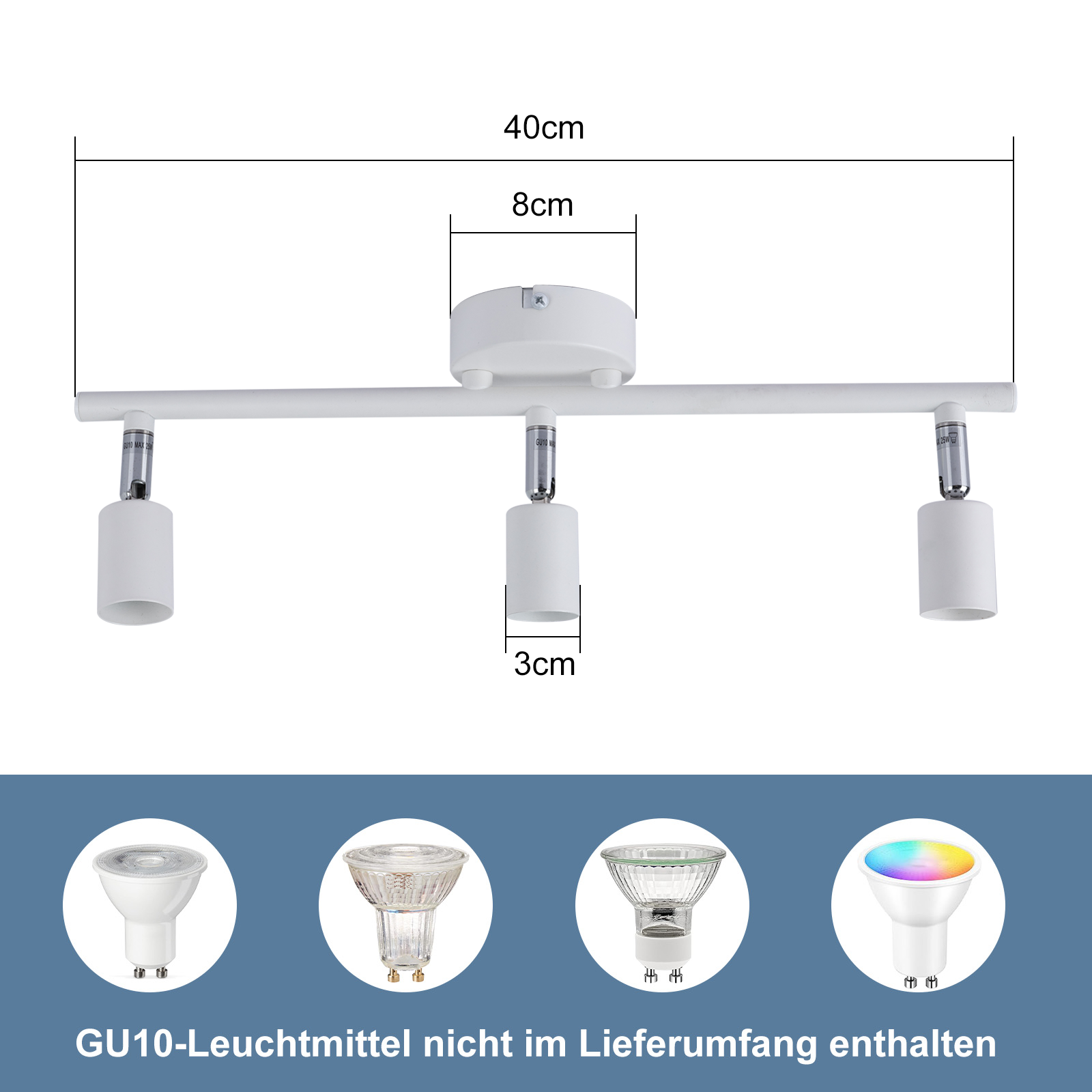 Un apparecchio a faretto bianco con tre teste regolabili, dimensioni etichettate. Sotto sono mostrati quattro esempi di lampadine GU10.