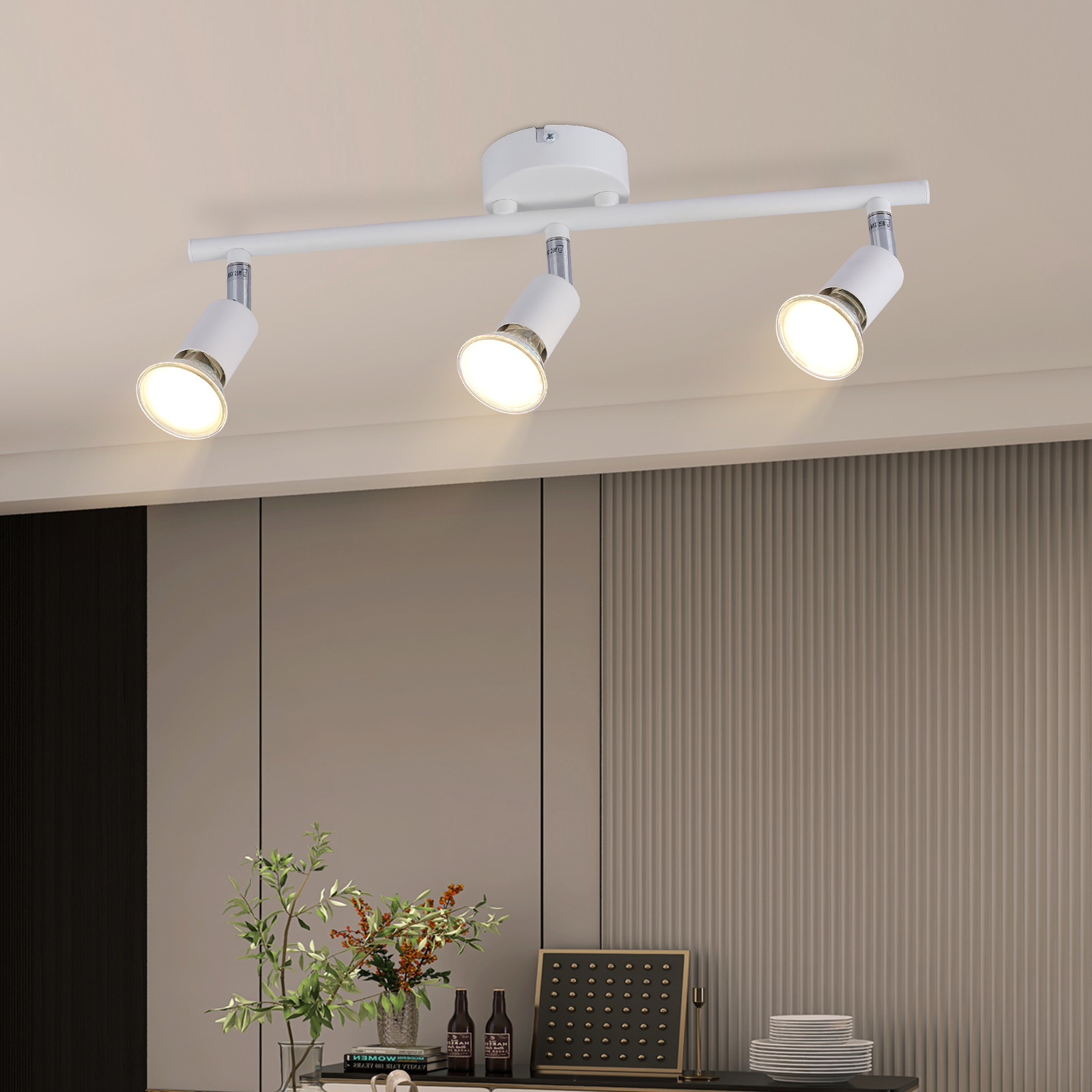 Un lampadario con tre faretti è acceso. Sotto, c'è un tavolo con piante e oggetti decorativi.