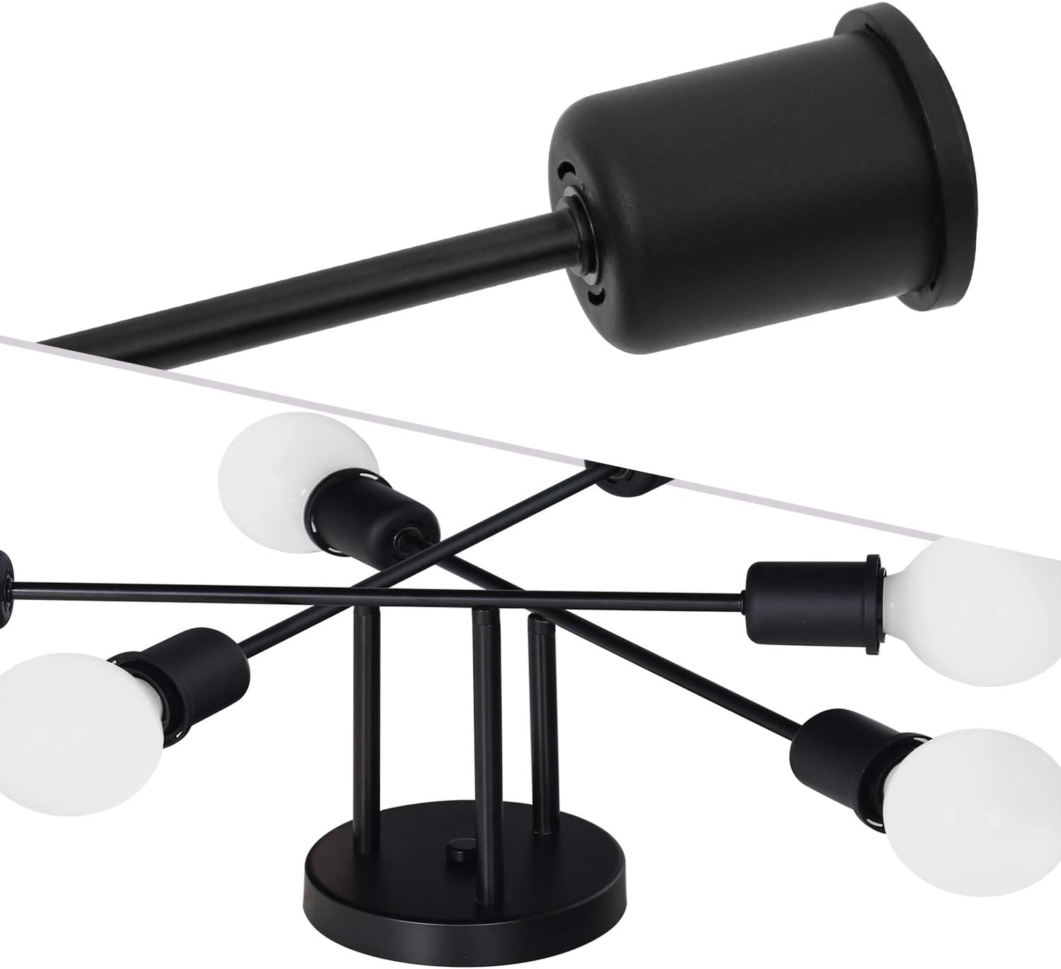 Eine moderne schwarze Lampe mit weißen Glühbirnen. Der Sockel ist rund und das Gestell besteht aus dünnen schwarzen Stäben.
