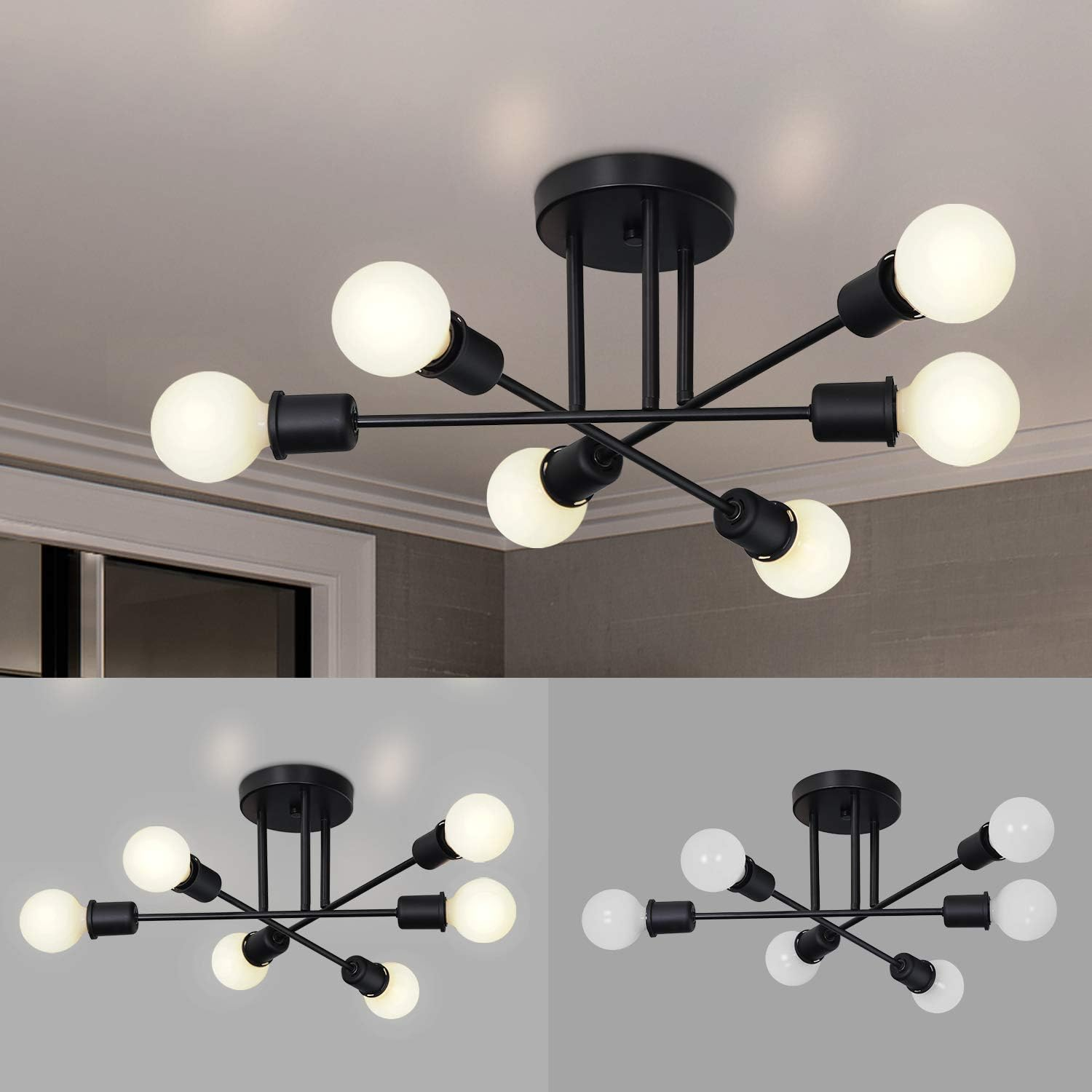 Eine schwarze Deckenleuchte mit 8 Glühbirnen ist an einer weißen Decke montiert. Es hat ein modernes, industrielles Design.