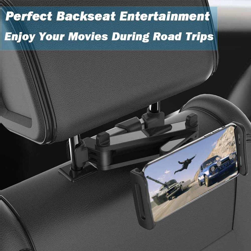 Handyhalterung für die Kopfstütze des Autos mit einem Handy, das eine Filmszene zeigt. Oben steht: Perfekte Unterhaltung im Fond.