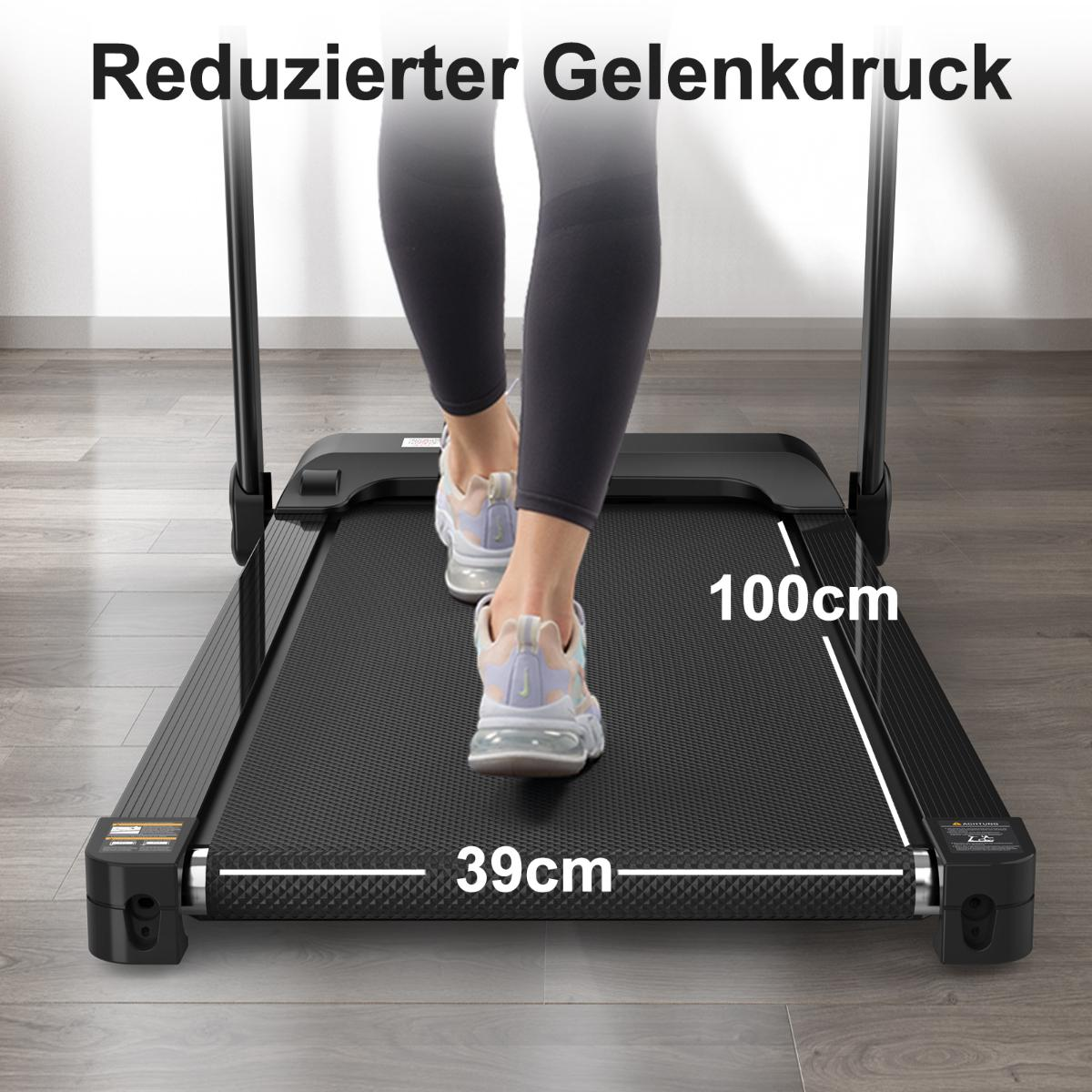 Eine Person geht auf einem schwarzen Laufband. Die Abmessungen des Laufbands betragen 39 cm Breite und 100 cm Länge. Die Überschrift lautet "Reduzierter Gelenkdruck".