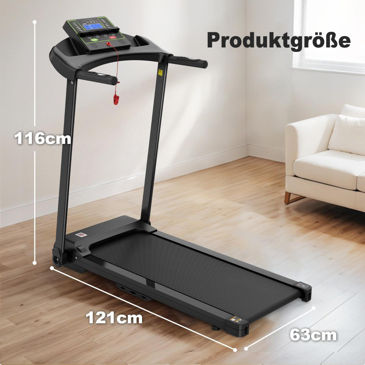 Ein schwarzes Laufband mit Bedienfeld wird angezeigt. Abmessungen sind: 121 cm lang, 63 cm breit und 116 cm hoch. Im Hintergrund ist ein weißes Sofa.