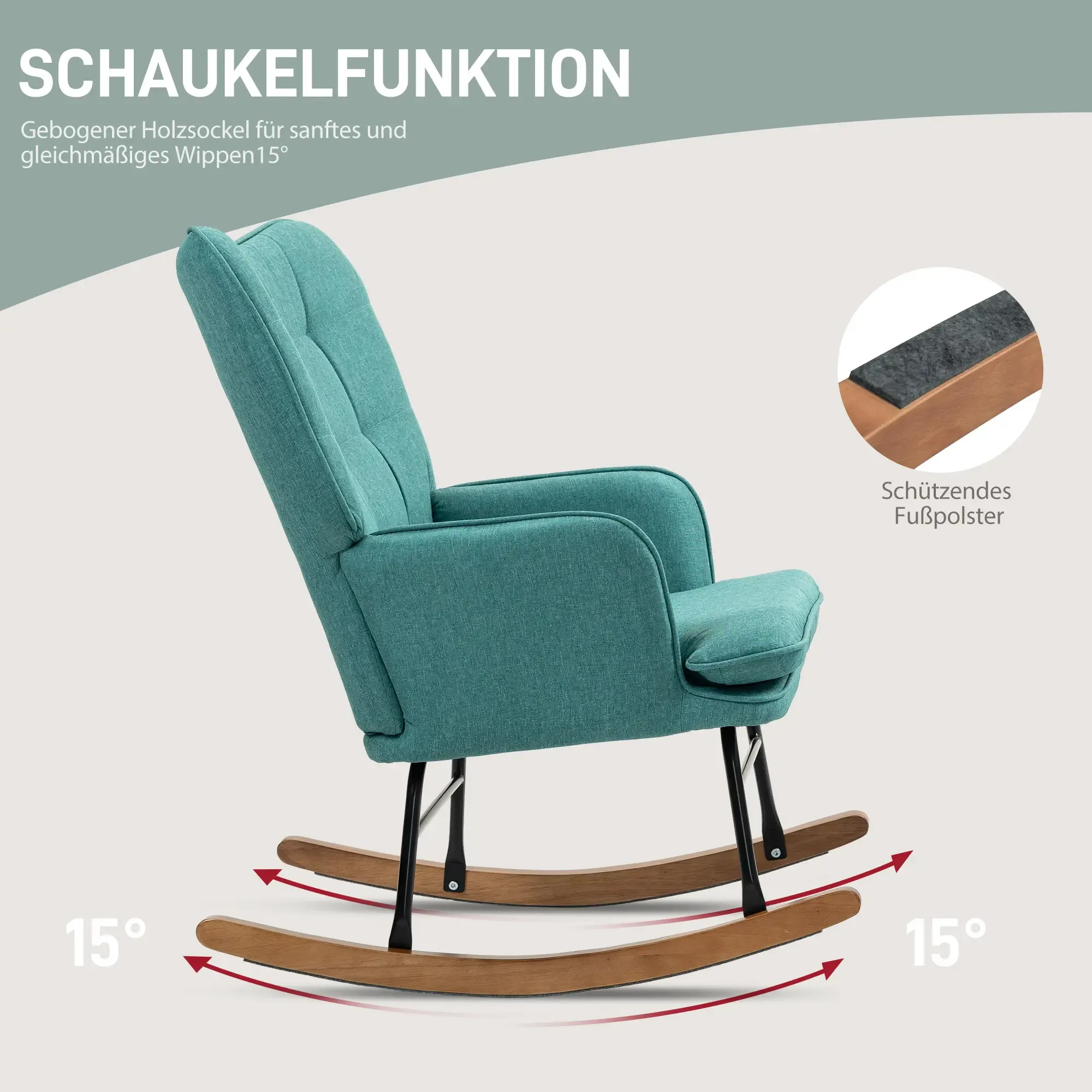 Ein teal Schaukelstuhl auf Holzwippen. Text: "SCHAUKELFUNKTION" und "15°". Ein Fußstützendetail ist gezeigt.