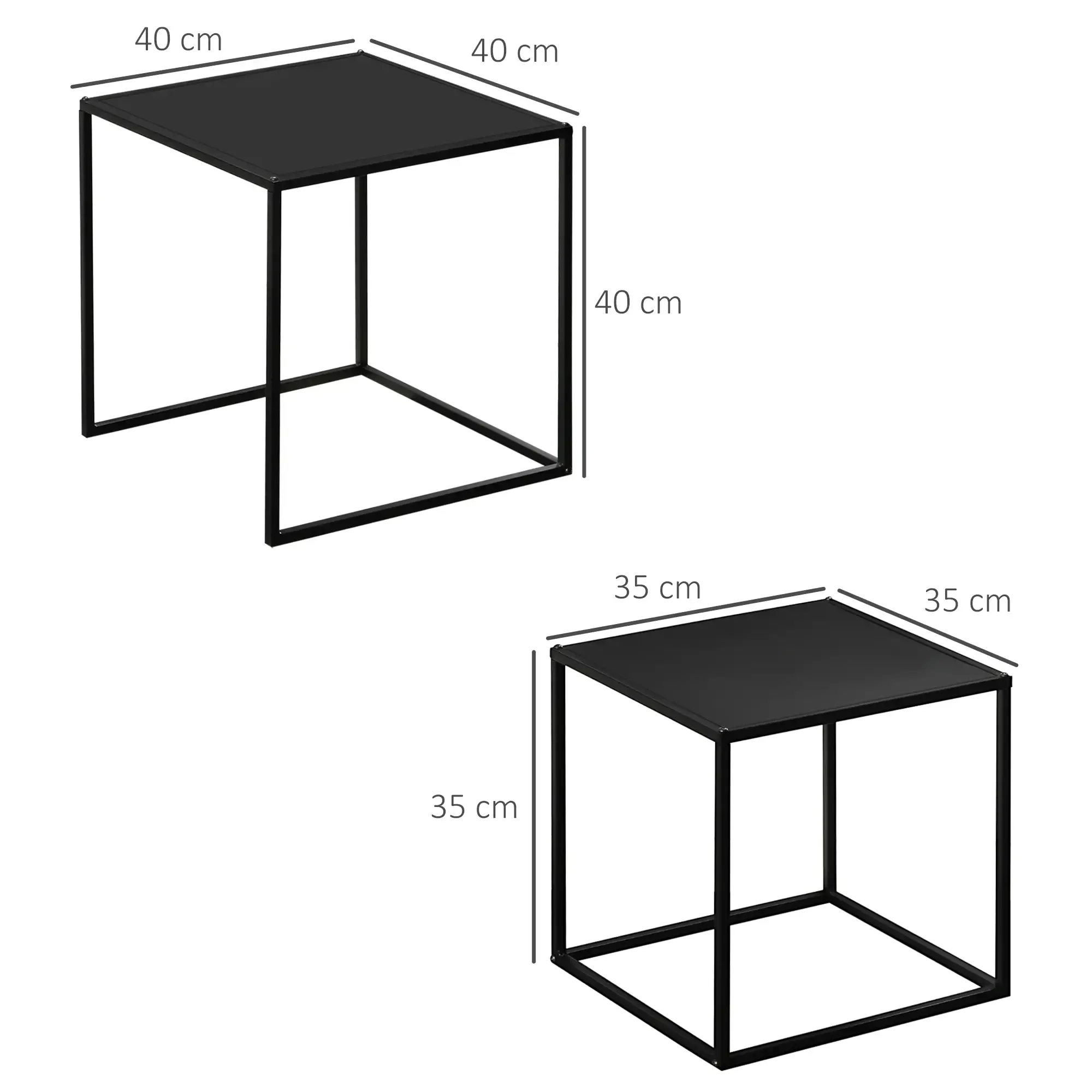 Zwei schwarze quadratische Tische. Der größere ist 40 cm, der kleinere 35 cm, mit schwarzen Metallrahmen.