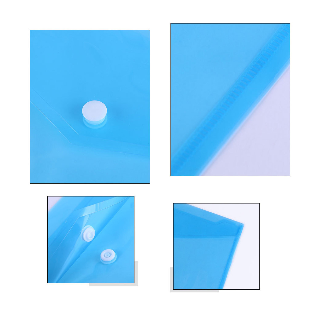 Eine blaue Plastikmappe mit weißen Knopfverschlüssen. Nahaufnahmen zeigen Details der Textur und des Designs der Mappe.