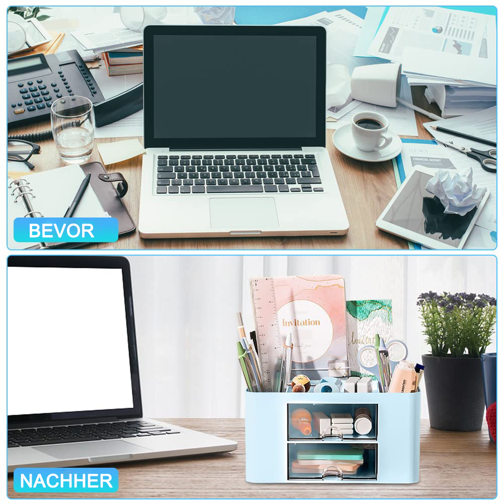 Oben: Unordentlicher Schreibtisch mit Laptop, Taschenrechner und Papieren. Unten: Ordentlicher Schreibtisch mit Laptop und Stifthalter.