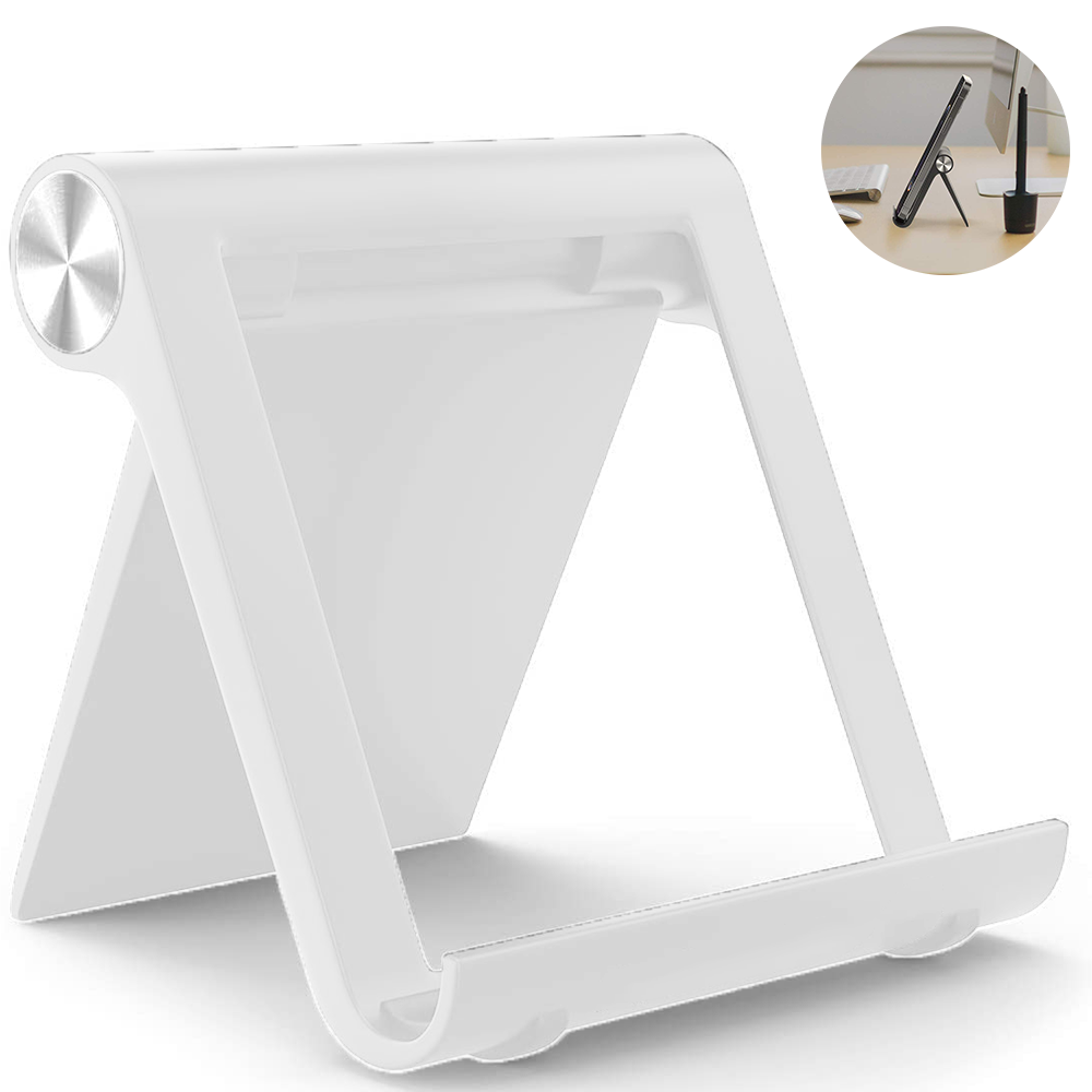Ein weißer Tablet-Ständer. Er hat einen gebogenen Sockel und eine abgewinkelte Stütze. Ein kleineres Bild zeigt ein Tablet auf dem Ständer.
