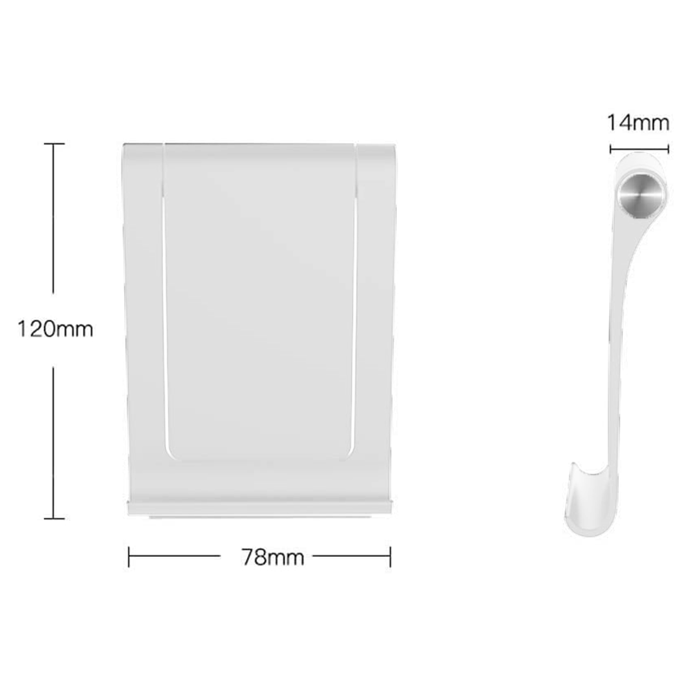 Weißer Telefonständer mit den Maßen: 120 mm Höhe, 78 mm Breite und 14 mm Dicke. Seitenansicht zeigt ein hakenförmiges Design.