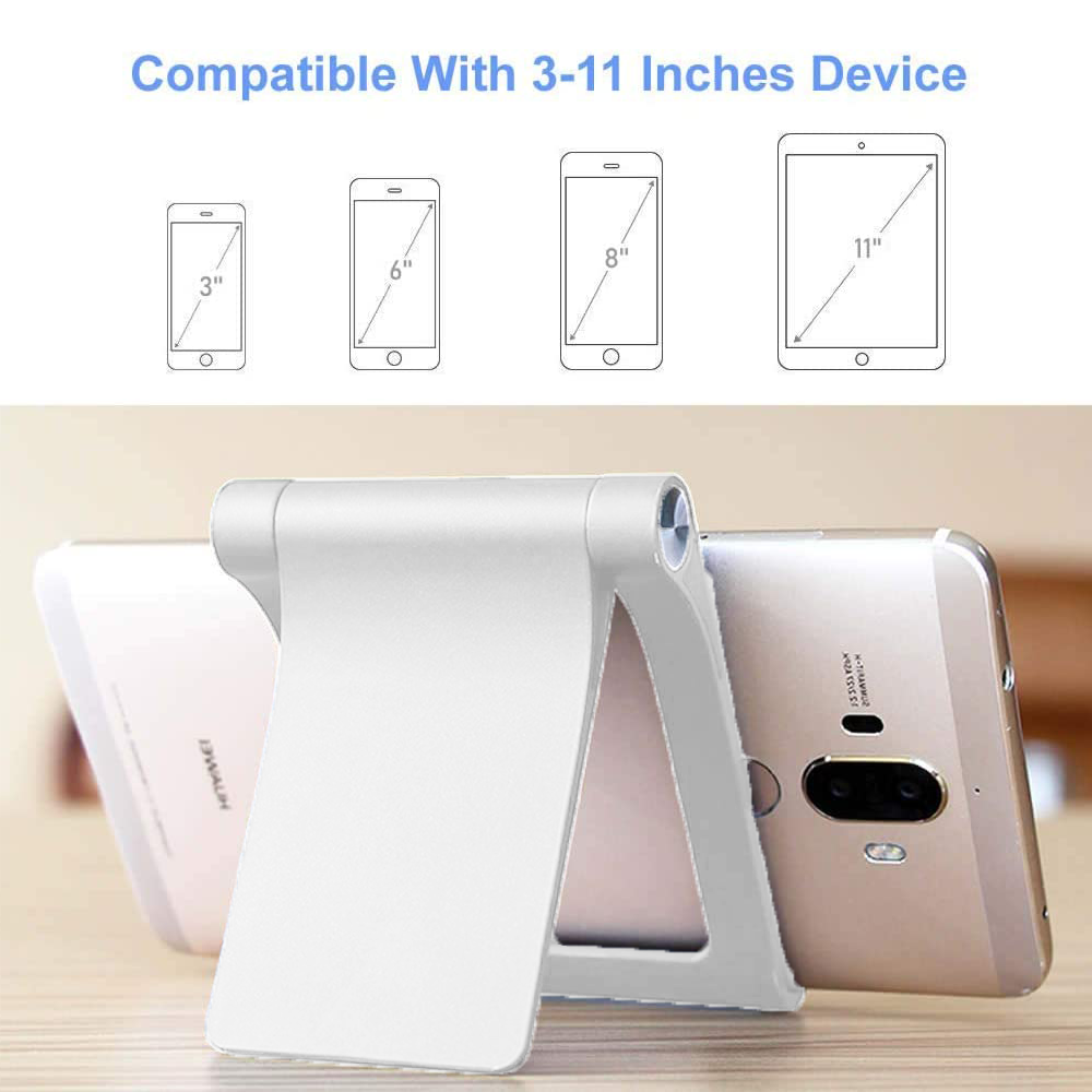 Ein weißer Telefonständer hält zwei Telefone. Oben befinden sich Illustrationen von Telefonen und Tablets mit den Größen 3", 6", 8" und 11".