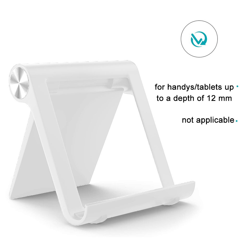 Ein weißer Telefon-/Tablet-Ständer. Er hat oben ein silbernes rundes Detail. Text: Für Handys/Tablets bis zu einer Tiefe von 12 mm.