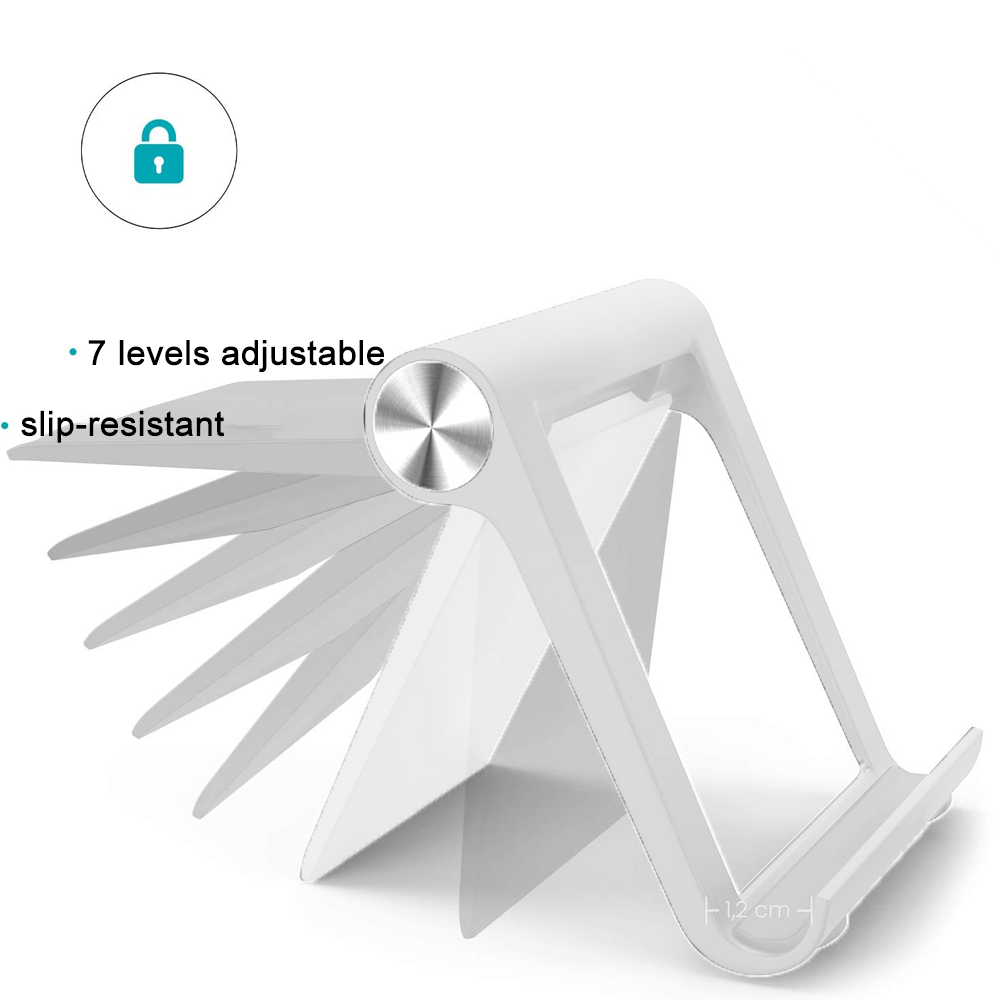 Ein weißer, verstellbarer Tablet-Ständer mit silberner Mitte. Er hat 7 Stufen und ist rutschfest. Der Hintergrund ist weiß.