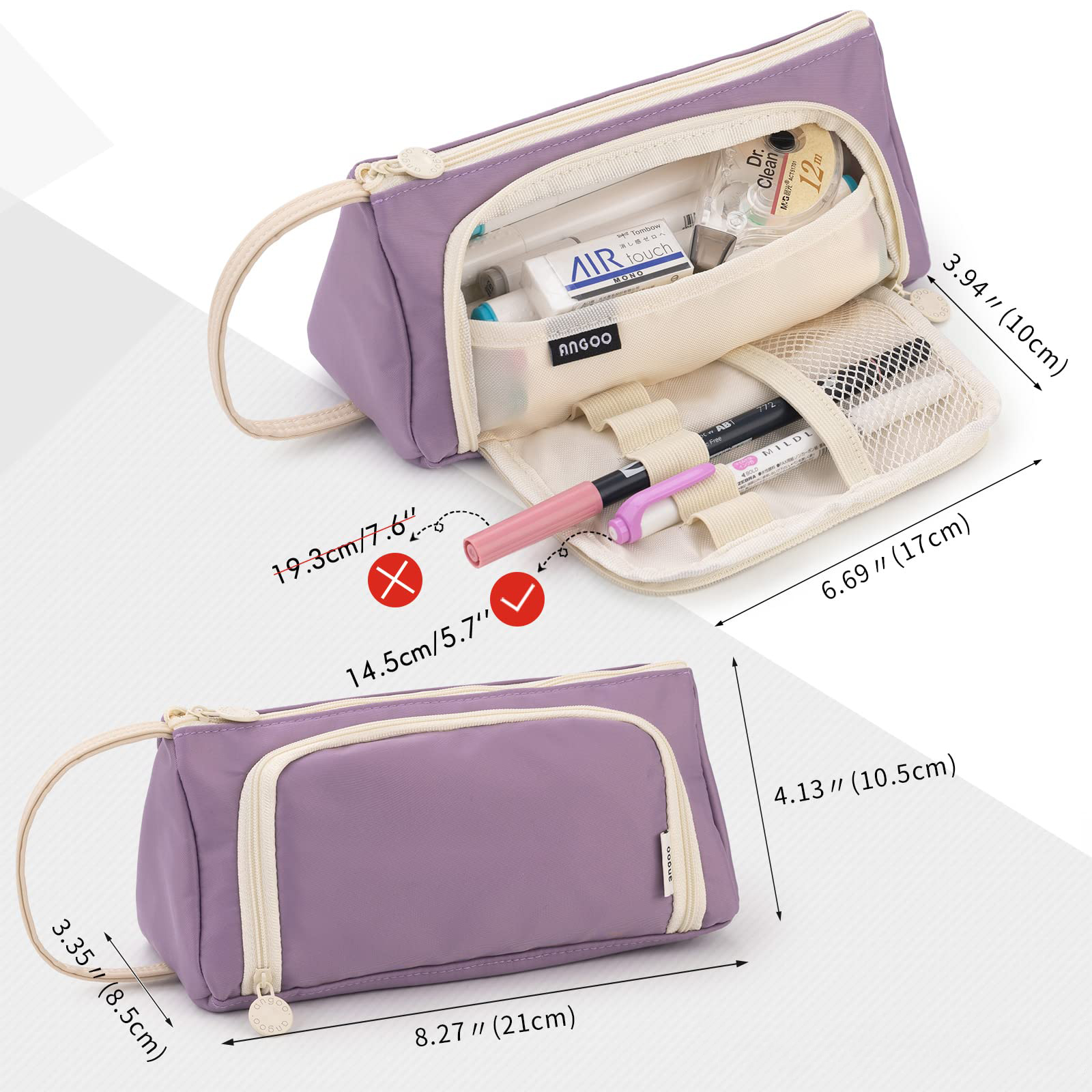 Lila Federtasche, offen, um Stifte, Bleistifte und andere Materialien zu zeigen, mit angegebenen Abmessungen.