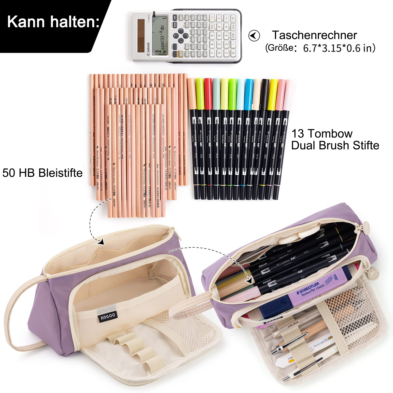 Bild zeigt Schreibwaren: Taschenrechner, Bleistifte, Marker und offene Federmäppchen. Farben sind Schwarz, Lila, Weiß und Beige.