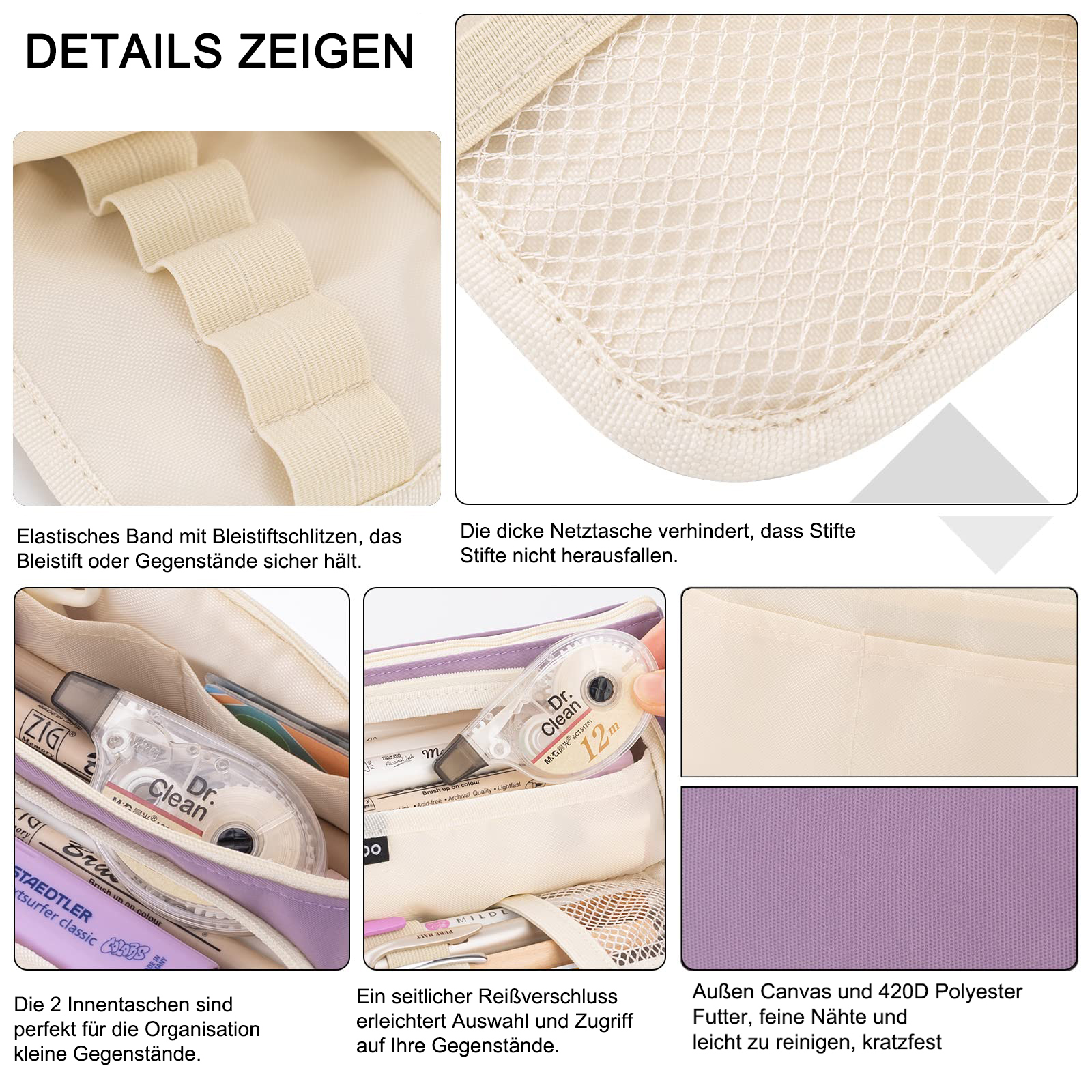 Details des Federmäppchens. Beige Gummibänder und Netztaschen. Enthält Stifte, Korrekturband und anderes Zubehör.