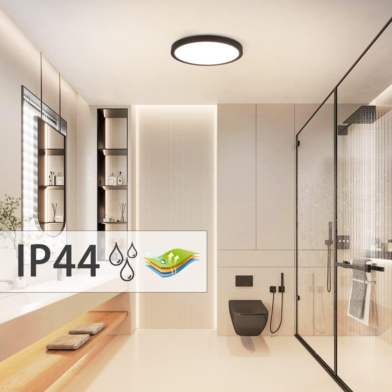 Modernes Badezimmer mit Dusche, Toilette und Waschbecken. Enthält IP44-Wasserschutzsymbol. Sauberes, minimalistisches Design.