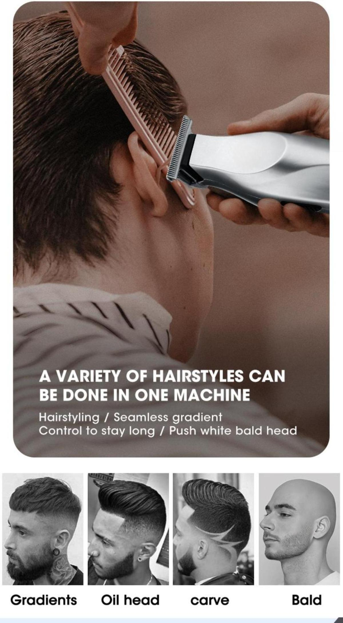 Eine Hand benutzt einen Kamm und Trimmer am Haar einer Person. Unten sind Bilder von Haarschnitten: Übergänge, Öl-Kopf, schnitzen und kahl.
