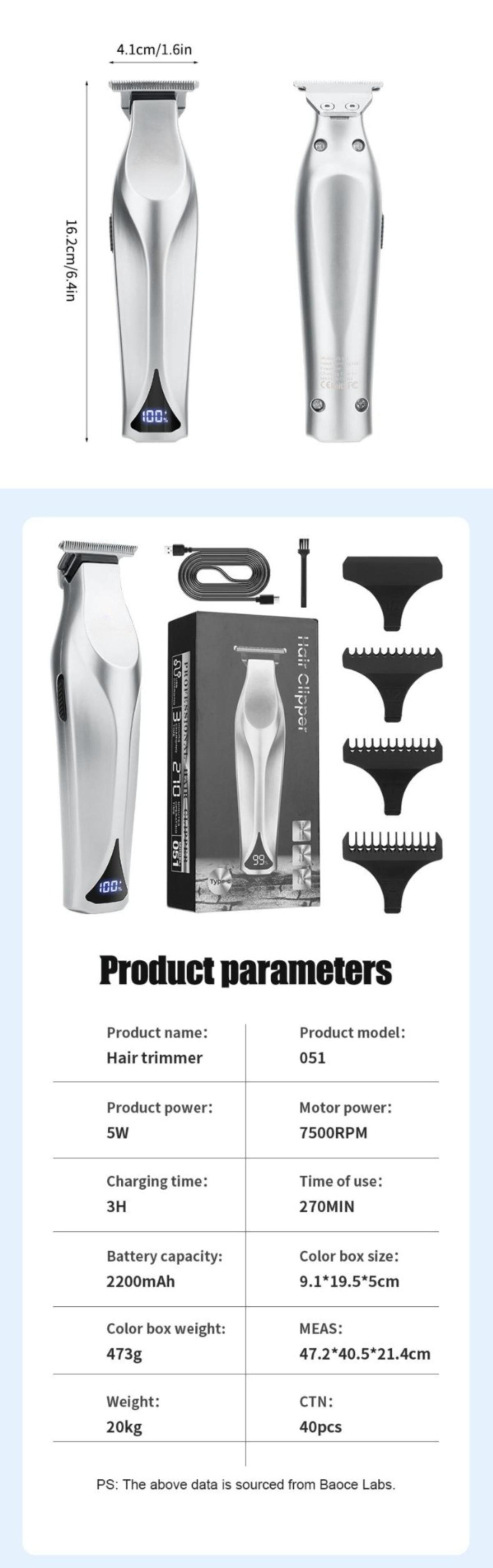 Das Bild zeigt einen silbernen Haarschneider, Verpackung und Zubehör. Produktdetails sind unten aufgeführt.
