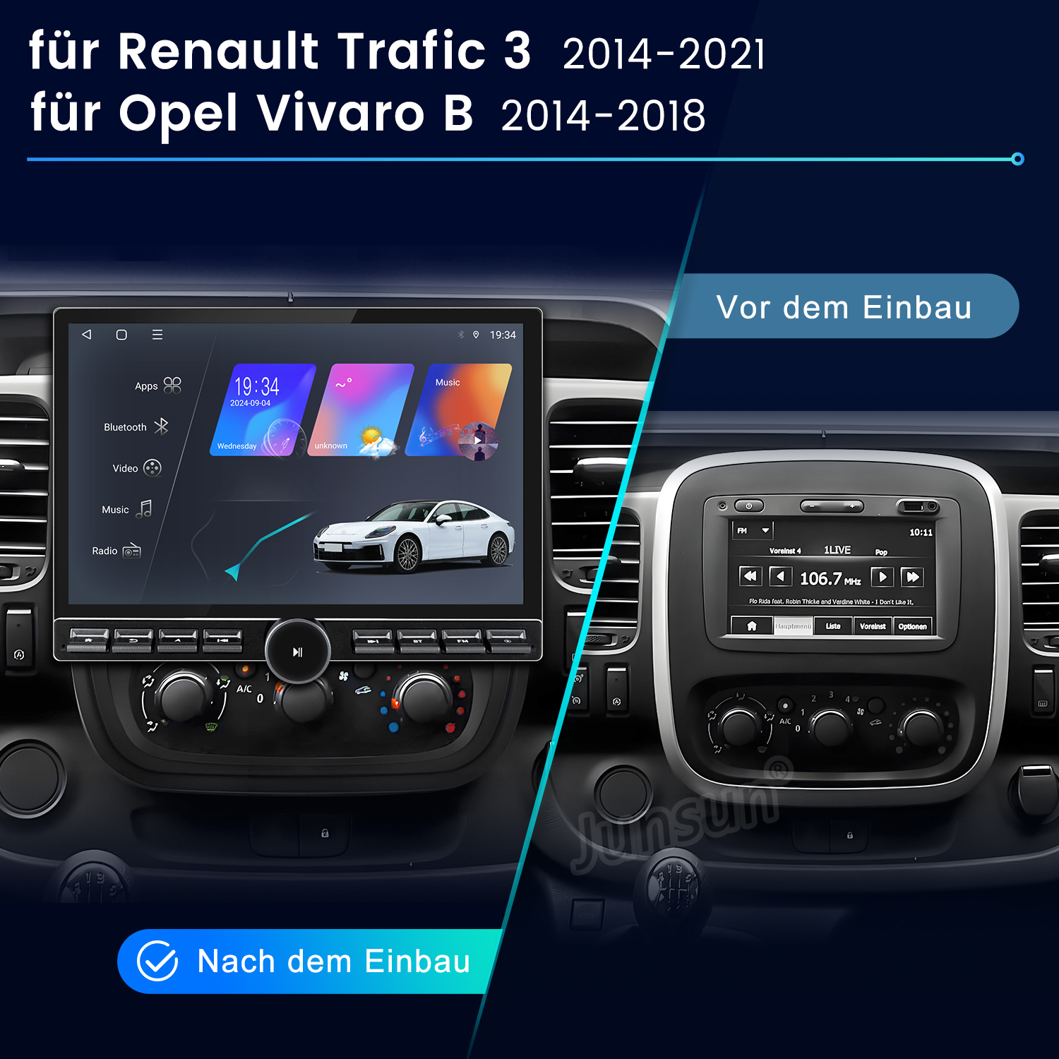 Vergleich des Armaturenbretts: alt gegen neu. Zeigt den Einbau eines neuen Infotainmentsystems in einem Renault Trafic oder Opel Vivaro.