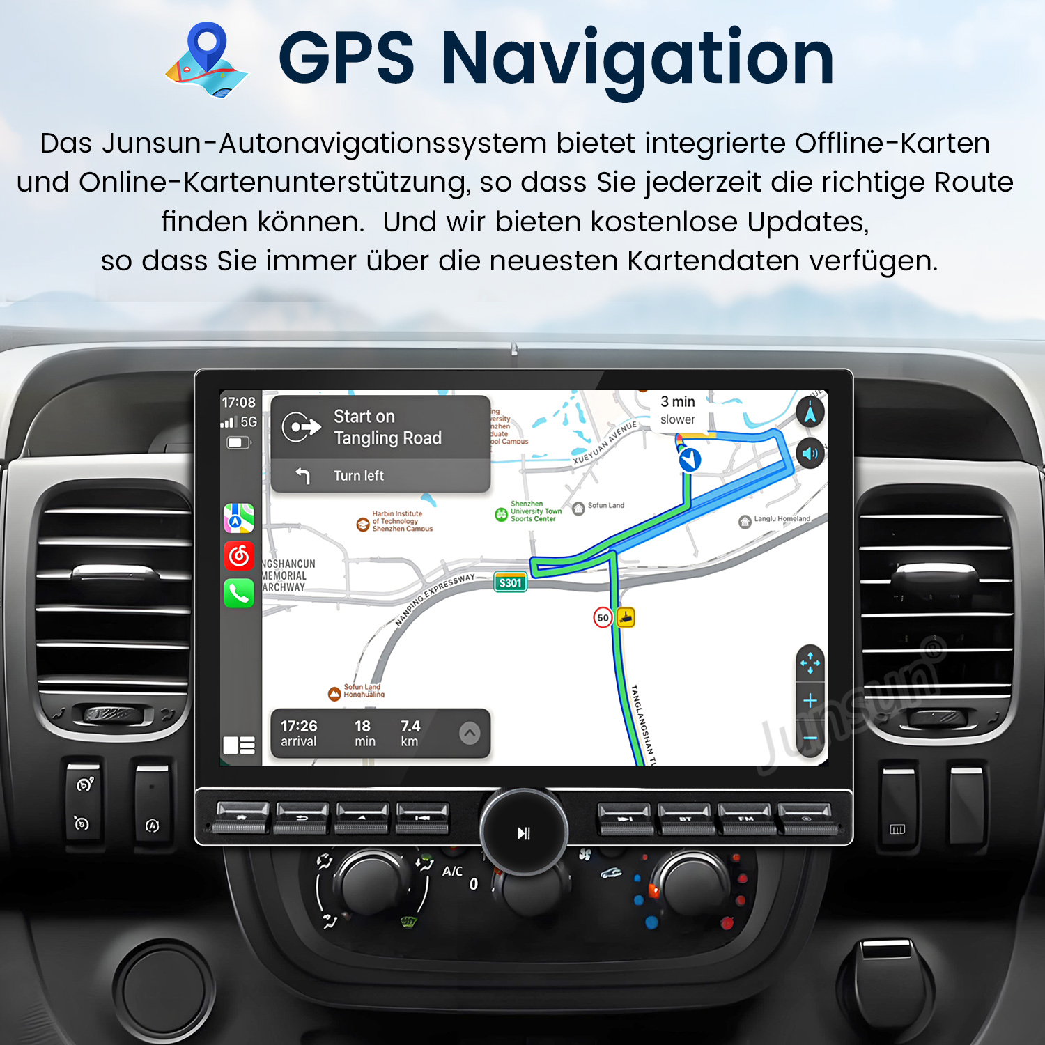 Auto-Navigationssystem mit Routenkarte. Bildschirm mit Wegbeschreibungen, Zeit und Entfernung auf schwarzem Armaturenbrett.